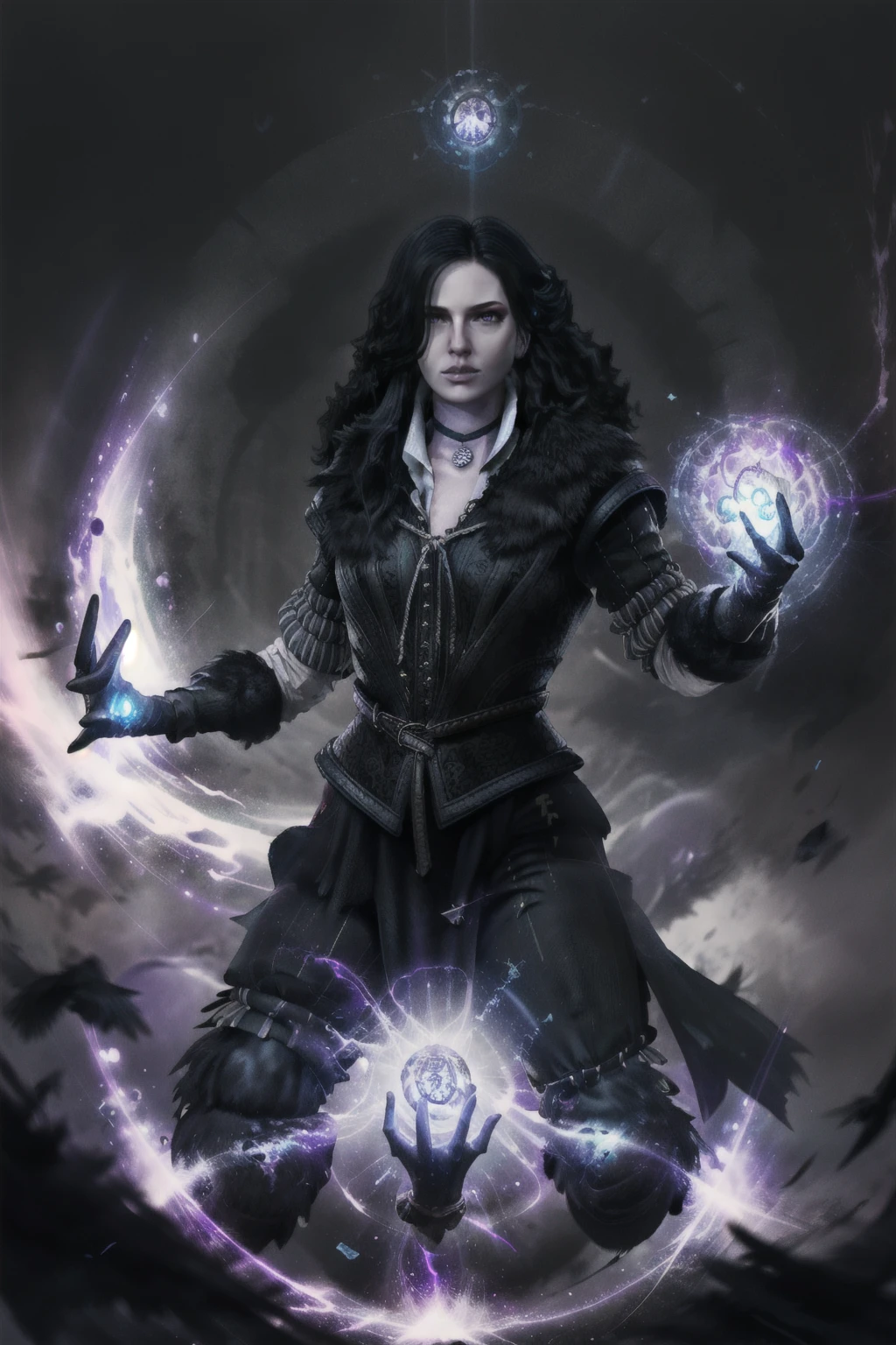Create a digital illustration of a powerful sorceress inspired by Yennefer from The Witcher. She has striking violet eyes, long flowing raven-black hair, and is dressed in an elegant black and purple gown adorned with intricate magical symbols. Her expression is intense and confident, exuding both wisdom and mystery. The background is a flat, gradient blend of dark and light gray tones to emphasize her figure and magical aura. Her pose is dynamic, with one hand raised, conjuring a glowing magical orb surrounded by swirling energy.