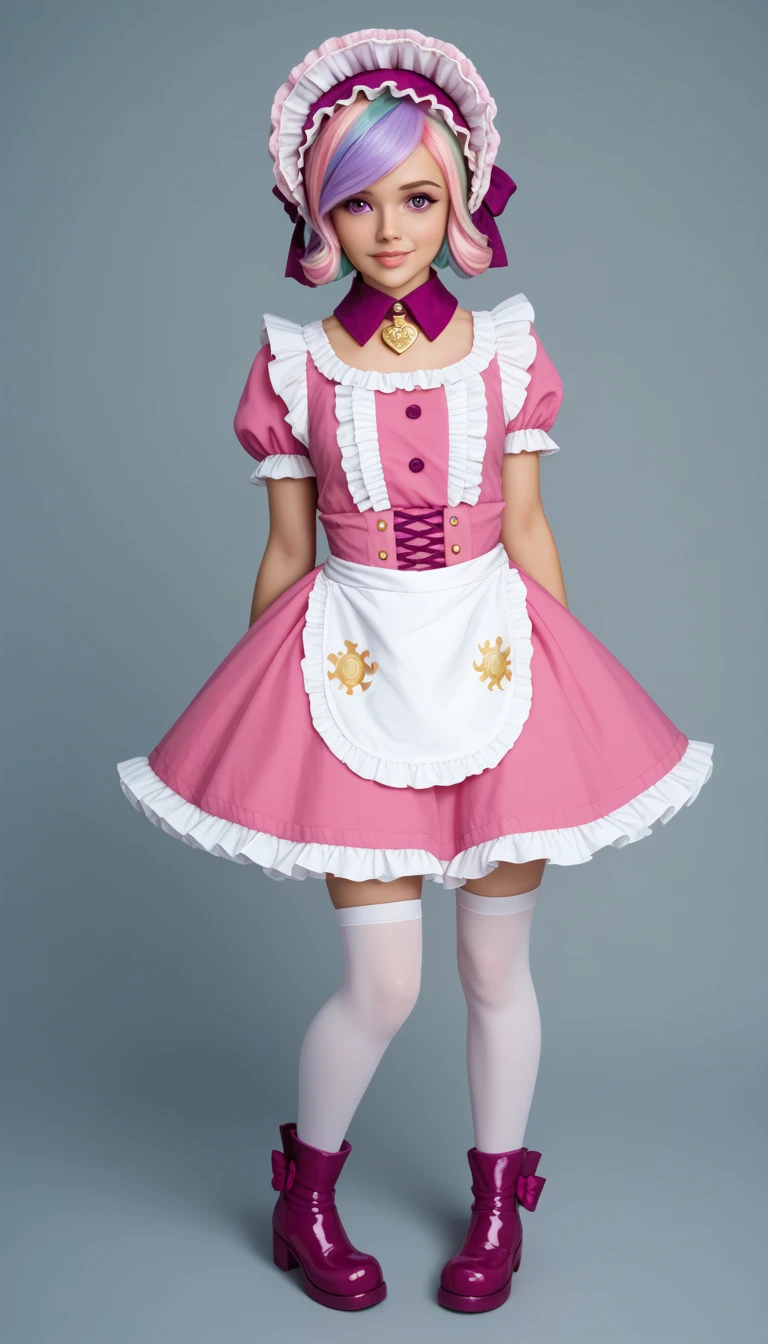 1girl, apron, bow, cube hair ornament, dress, frills, gloom (expression), hair ornament, heart, heart hands, long hair, looking away, maid, maid apron, maid headdress, mary janes, one side up, pink hair, shaded face, shoes, short dress, solo, sweatdrop, thighhighs, white thighhighs, zettai ryouiki,