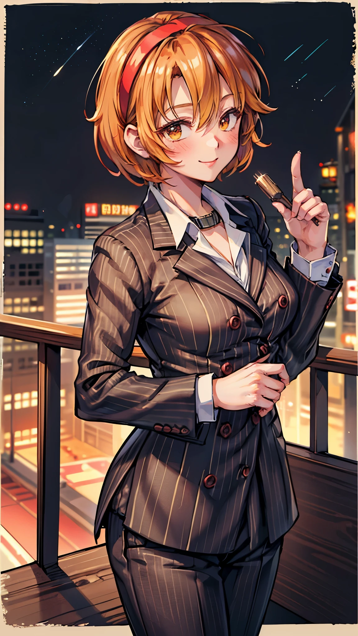 ( Super high quality, super high resolution,16k,super masterpiece,Ultra HD ,Detailed shading and background, anime style)Sexy woman, orange short hair, red headband , Sexy White Shirt ,black suit and pants with striped pattern,smile,blush,Chinatown with a view of the blue sky,