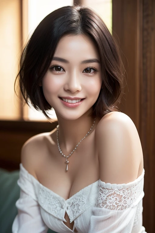 Create a (( mid-shot )) photorealistic image of a beautiful Asian woman with fair, smooth, flawless skin. She has large, round, sparkling eyes with naturally long and curled eyelashes, and well-defined, dark eyebrows. Her nose is straight and high, and her naturally pink, soft lips form a gentle smile. She has short, slightly curled brown hair that highlights her delicate facial features. Her face is oval-shaped, with a wide and high forehead, moderately high cheekbones, and a pointed, slender chin. (( waist to top)) ((,She is wearing a soft pink sweater relaxed neckline that casually ((drapes off one shoulder)), exposing slender shoulders with (((black bra trap))), highlighted by the rays of light creating a radiant effect on her skin. , mid-shot , light rays, warm atmosphere ,))