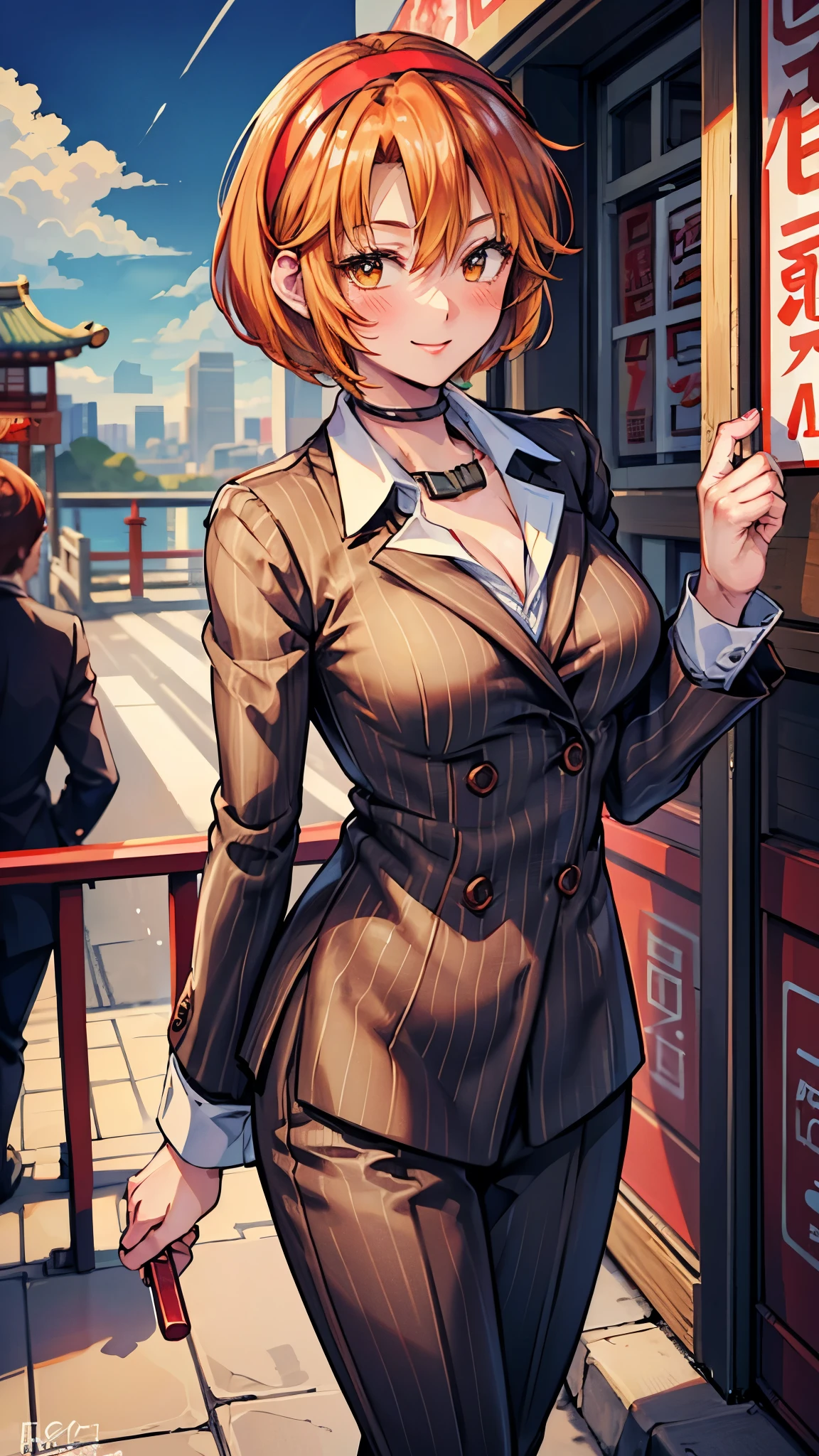 ( Super high quality, super high resolution,16k,super masterpiece,Ultra HD ,Detailed shading and background, anime style)Sexy woman, orange short hair, red headband , Sexy White Shirt ,black suit and pants with striped pattern,smile,blush,Chinatown with a view of the blue sky,