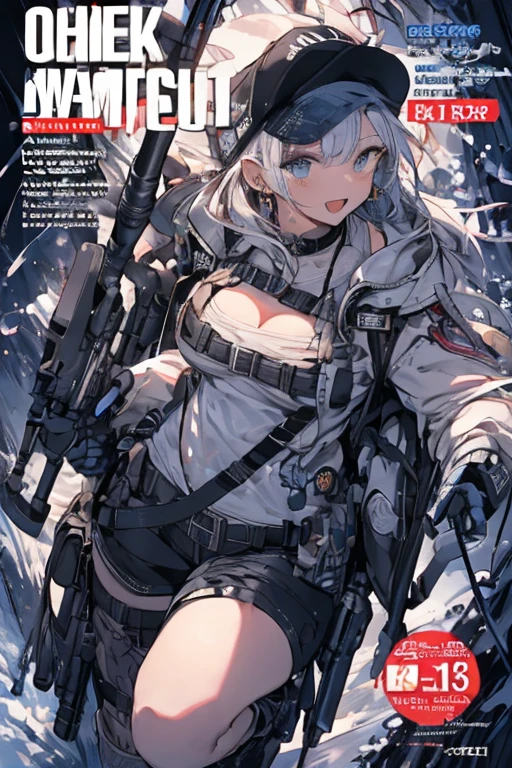 ((police uniform with))、 Background with、a miniskirt、No stockings、Hold a mini pistol、