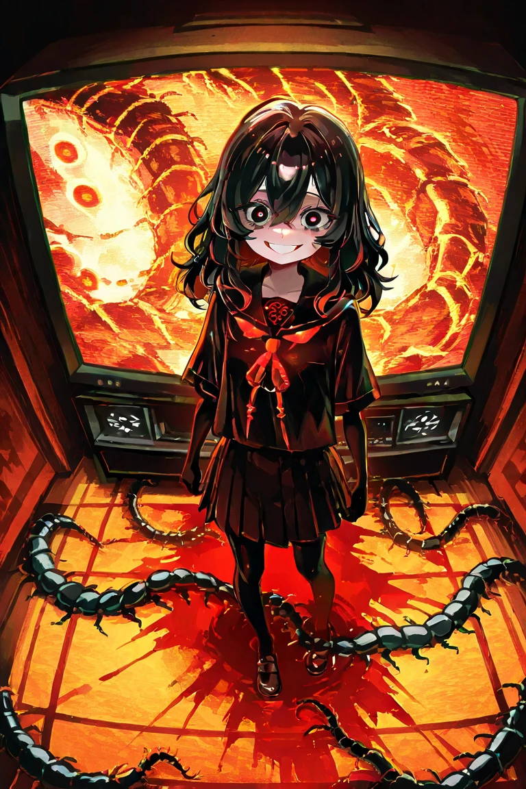 A  with full wavy medium hair in the color rosy orange,totally black eyes with red pupils,wearing blood-covered school clothes, background with several s of ren around you,Smiling insanely, Colegial Massacre Fund, and with television edges looking like a show with shadows of a creature half woman half centipede behind the girl, full body  