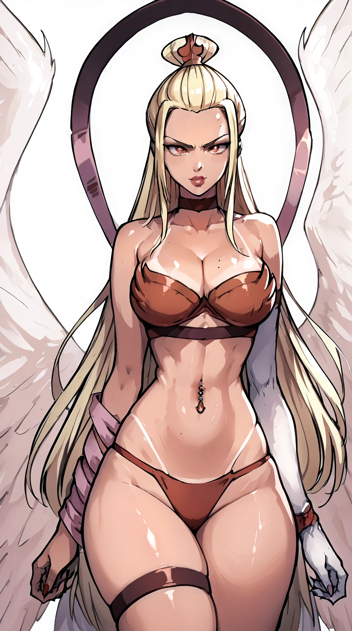 ((8K resolution))、((highest quality))、((masterpiece))、((Super detailed))((((dramatic))), (anatomically correct)、Depth of object being written、look at the camera、one person、one personの女性、front、embarrassing,Excited,expensive、Thin but muscular body, defined abs, toned arms, long and thin legs, Athletic Presence,Wet、(wolf cut、yellow hair)sharp eyes、tattoo、Completely naked、(dark pubic hair),(bristles),pussy,(theme、w穴 body:1.1),hawk feather、Image of a bird of prey、white background