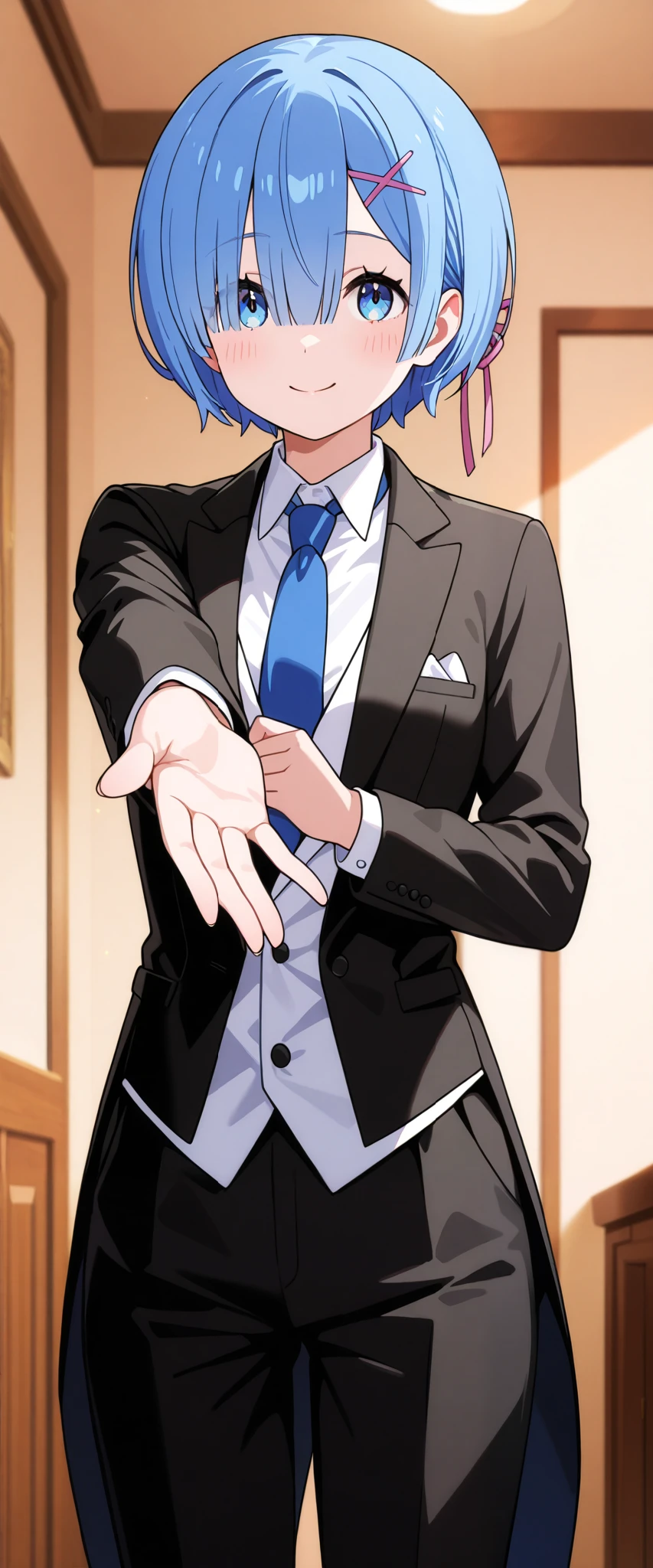 up1girl, solo, rem, blue hair,suit tuxedo , , short hair, bangs, sidelocks, indoors, standing,happy,smile,looking at viewer, cowboy shot, blue tie woman in formal attractive suit tuxedo tailcoat standing in a large alcove in the room, , reaching towards viewer , one hand , badass , hand on back