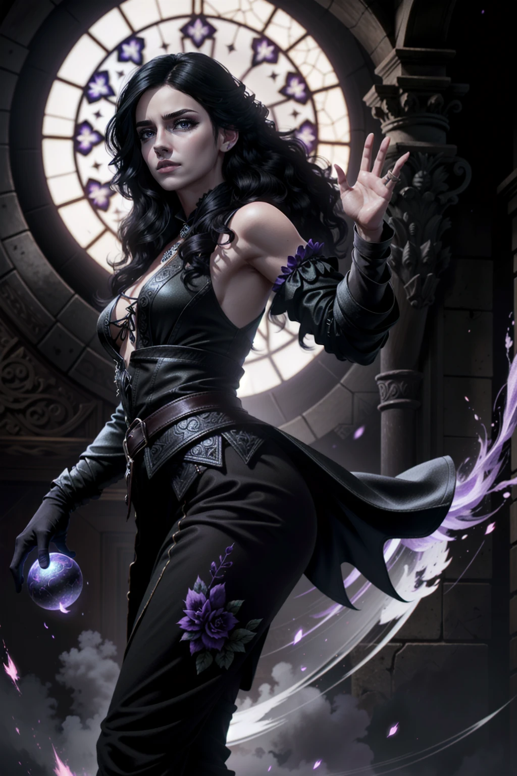 Create a digital illustration of a powerful sorceress inspired by Yennefer from The Witcher. She has striking violet eyes, long flowing raven-black hair, and is dressed in an elegant black and purple gown adorned with intricate magical symbols. Her expression is intense and confident, exuding both wisdom and mystery. The background is a flat, gradient blend of dark and light gray tones to emphasize her figure and magical aura. Her pose is dynamic, with one hand raised, conjuring a glowing magical orb surrounded by swirling energy. backwards, looking back