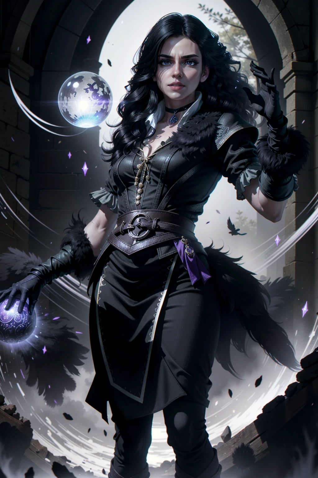 Create a digital illustration of a powerful sorceress inspired by Yennefer from The Witcher. She has striking violet eyes, long flowing raven-black hair, and is dressed in an elegant black and purple gown adorned with intricate magical symbols. Her expression is intense and confident, exuding both wisdom and mystery. The background is a flat, gradient blend of dark and light gray tones to emphasize her figure and magical aura. Her pose is dynamic, with one hand raised, conjuring a glowing magical orb surrounded by swirling energy. backwards, looking back