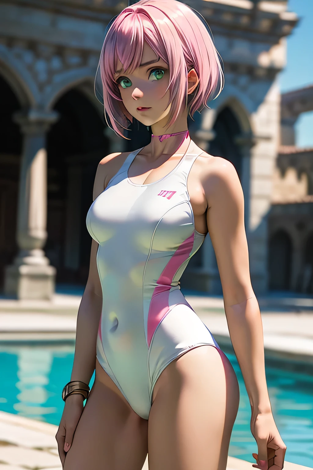  best quality, highest resolution,(((white swimsuit with metallic luster　 green eyes　shiny pink hair　small breasts)))　Estellise　[blurry]　16k　Castle