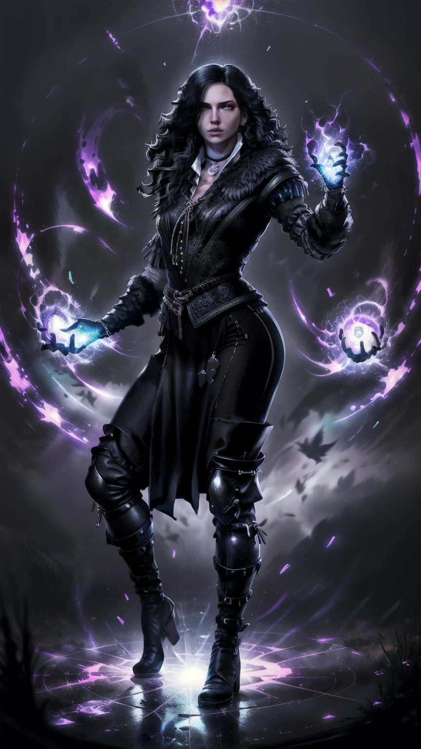 Create a digital illustration of a powerful sorceress inspired by Yennefer from The Witcher. She has striking violet eyes, long flowing raven-black hair, and is dressed in an elegant black and purple gown adorned with intricate magical symbols. Her expression is intense and confident, exuding both wisdom and mystery. The background is a flat, gradient blend of dark and light gray tones to emphasize her figure and magical aura. Her pose is dynamic, with one hand raised, conjuring a glowing magical orb surrounded by swirling energy. Walkink on the floor, black boots