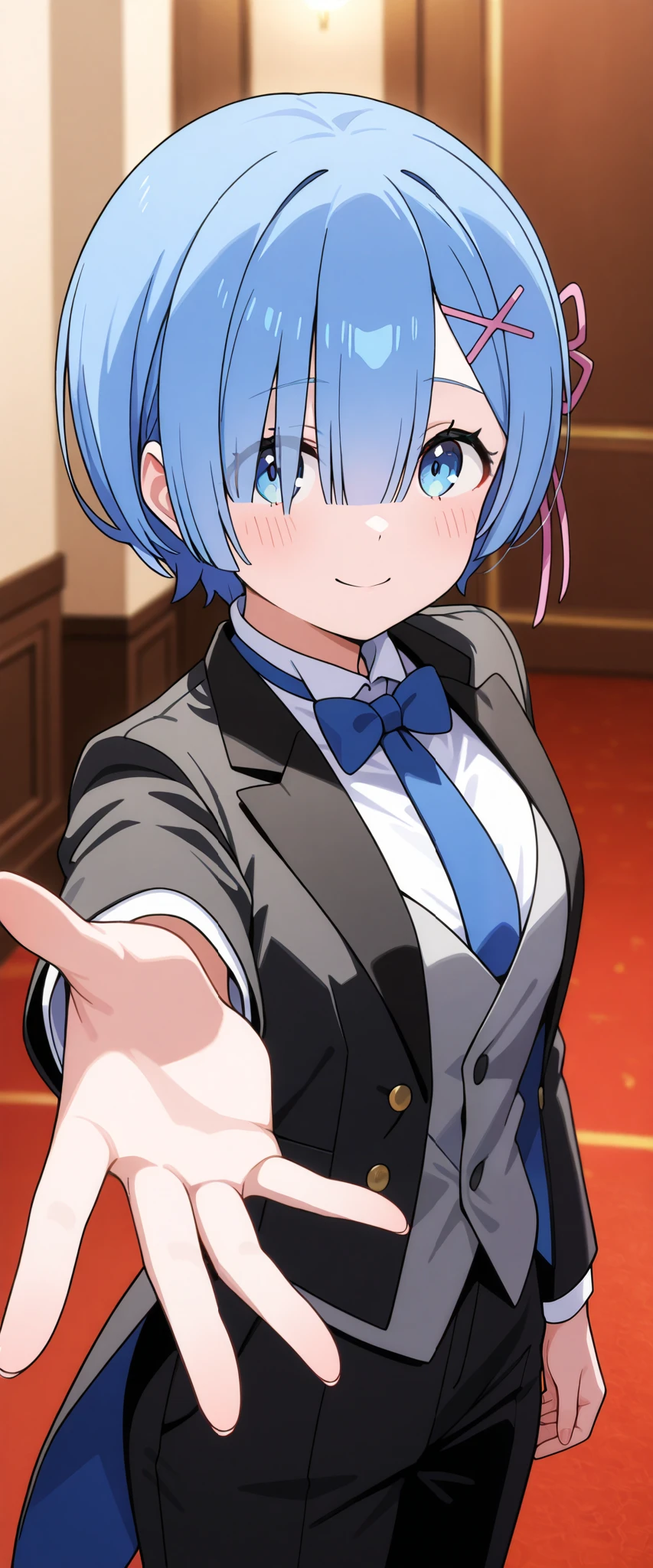 up1girl, solo, rem, blue hair,suit tuxedo , , short hair, bangs, sidelocks, indoors, standing,happy,smile,looking at viewer, cowboy shot, blue tie woman in formal attractive suit tuxedo tailcoat standing in a large alcove in the room, , reaching towards viewer , one hand , badass , hand on back