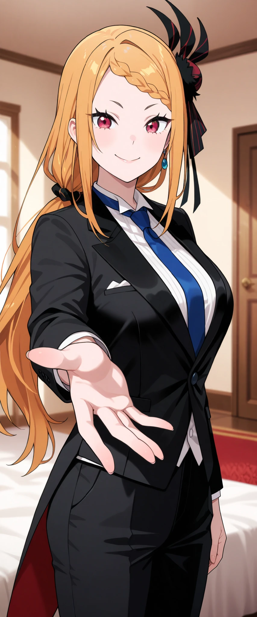 up1girl, solo, Priscilla Barielle, orange hair,suit tuxedo , , long hair, bangs, sidelocks, indoors, standing,happy,smile,looking at viewer, cowboy shot, blue tie woman in formal attractive suit tuxedo tailcoat standing in a large alcove in the room, , reaching towards viewer , one hand , badass , hand on back