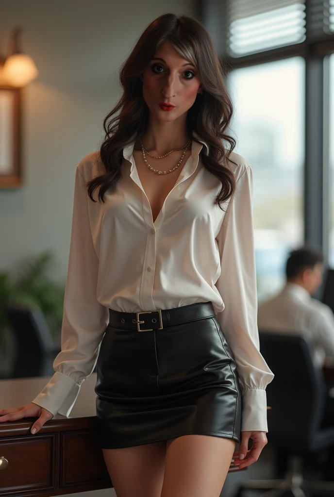 Jessica Henwick, brown coat, black t-shirt, tight skirt, beautiful detailed eyes, beautiful detailed lips, extremely detailed eyes and face, long eyelashes, realistic, photorealistic, photo-realistic:1.37, best quality, 8k, highres, masterpiece:1.2, ultra-detailed, HDR, UHD, studio lighting, ultra-fine painting, sharp focus, physically-based rendering, extreme detail description, professional, vivid colors, bokeh, portrait