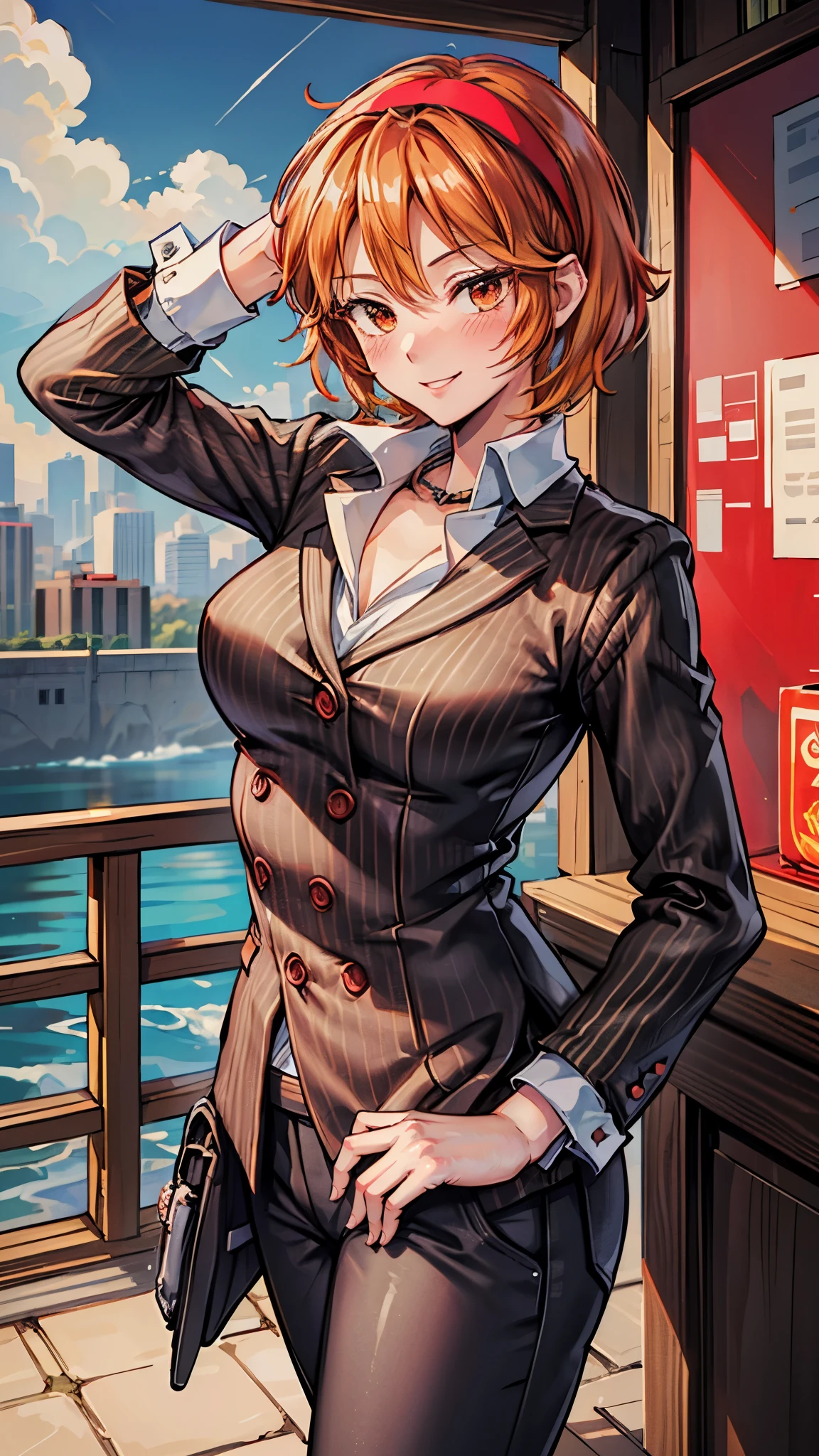 ( Super high quality, super high resolution,16k,super masterpiece,Ultra HD , detailed shading and background, anime style)Sexy woman, orange short hair, red headband , Sexy White Shirt ,black suit and pants with striped pattern,smile,blush,Chinatown with a view of the blue sky,