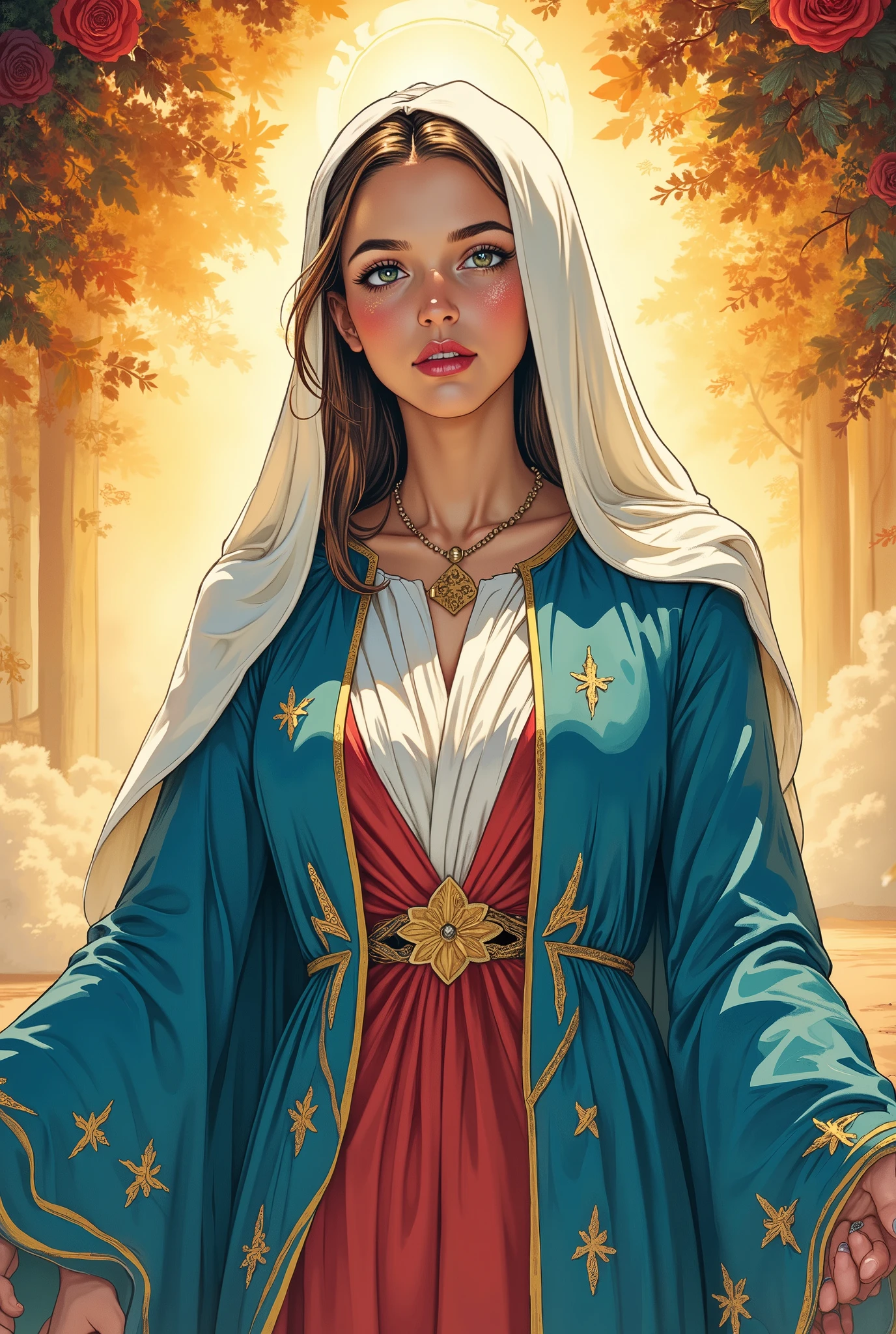 BRAZILIAN comics, Virgin Mary, ((some red details)), Blue Coat, White Veil, Golden Aura