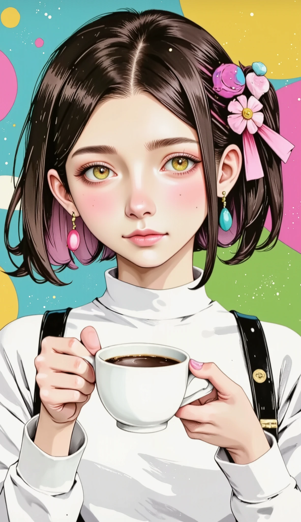 There is a girl holding a cup of coffee in her hand, pretty girl-fine face, beautiful natural anime face, with a cute face - fine -, sakimi-chan, chiho, Yoshitomo Nara, young cute face, beautiful Japanese girls young face ,  brown hair and big eyes , linda girl cute, big and beautiful eyes of light 