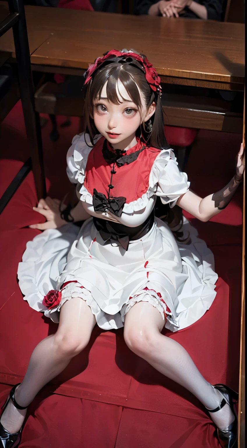 (masterpiece:1.2),8k, beautiful, high quality, ((Amazing Artwork:1.5)),
((Flexible and sexy posture:1.5)),(nsfw),
(gothic lolita:1.6),((ruffle,decoration rose dress:1.8)), (flower hair ribbon),thighhighs,
Cute girl, ((White skin:1.6)), (ahe face:1.8), ((Slim girl:1.5)), (:1.5), (( girl:1.5)),
pov,(naughty:1.7),(slut:1.8),
(On a dirty torture chamber:1.5), moody lighting, prison,
high angle full body shot,