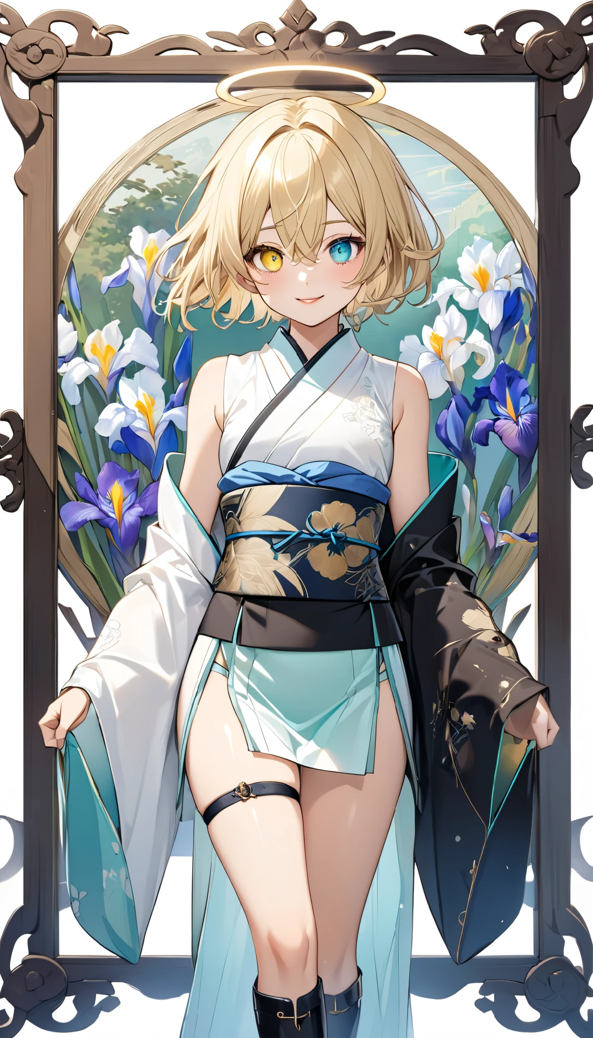 fresh illustration ,
Superfine painting,
very delicate illustration ,
Very fine details ,
1boy ,
(( standing))
Alone,
Height: 158cm,
Beige Skin,
Cheeks are ruddy,
((The iris on the left is medium aquamarine and the iris on the right is yellow ))
((Complete iris heterochromia )),
beautiful eyes,
large black pupils ,
short hair ,
Blonde,
the tips of the hair are whitish ,
The hair has gradation ,
shiny hair with makeup,
young but beautiful and bewitching face ,
The lips are extremely small,
is smiling,
a small halo that shines brightly on the head ,
the tips of the eyebrows are slightly lowered ,
the upper body is worn in kimono ,
six pack,
Slim waist,
thin legs ,
The lower body is long, transparent clothing in the style of a Chinese dress with slits at both hips,
The color of the obi is red ,,
the obi is tastefully embroidered with silver thread ,
fine fabric clothing ,
jockstrap underwear ,
the thigh strap cuts into the skin ,
Are the tips of long boots Japanese style,
Isometric,
golden ratio,
god々 like atmosphere,
wearing a padded collar innerwear ,
white background,
tactical use of shadows ,
the ring of the head and hair fit inside the frame ,
Clothes fit inside the frame ,
(( full shot))
facing the front,