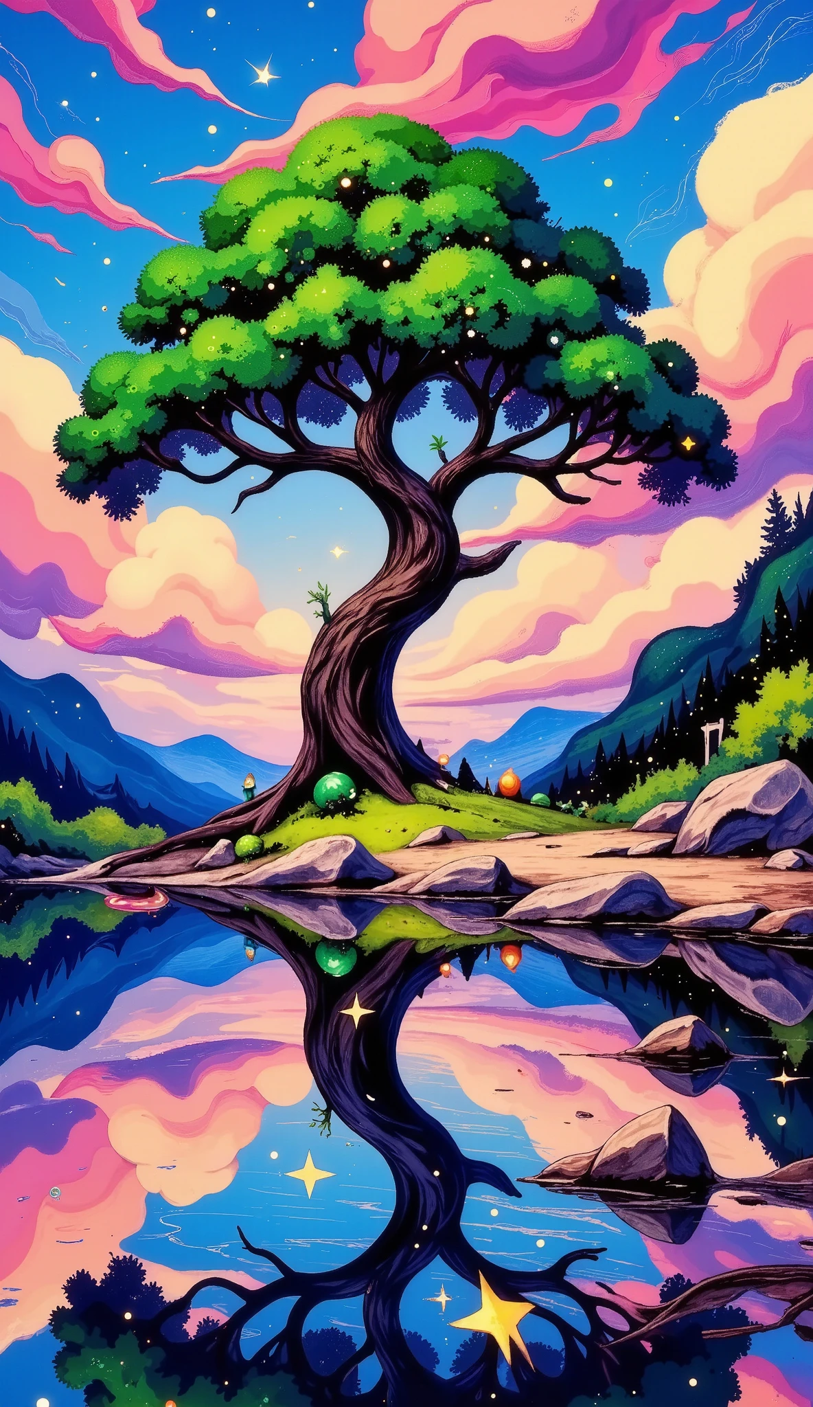 intricate detailed lush green tree, beautiful sunset colors , sun on the horizon, tree at the edge of a lake , ( best quality skirt,4k,8K,highres, body masterpiece:1.2), ultra detailed ,(realistic,photorealistic,photo-realistic:1.37),HDR-10, Ultra high definition , studio lighting ,Ultra Fine , sharp focus , physically rendered , extreme detail description , professional, bright colors ,bokeh,landscape, cinematic dust , dramatic lighting,Golden hour,sereno,tranquil,peaceful