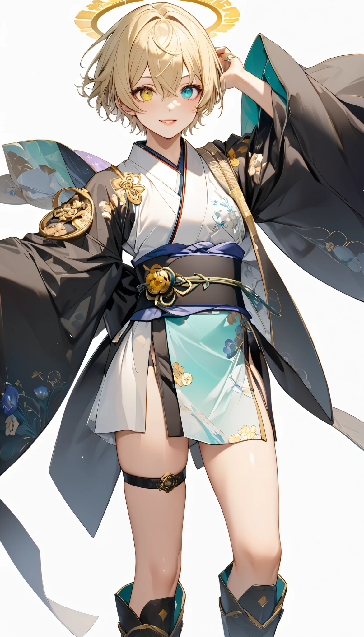 fresh illustration ,
Superfine painting,
very delicate illustration ,
Very fine details ,
1boy ,
(( standing))
Alone,
Height: 158cm,
Beige Skin,
Cheeks are ruddy,
((The iris on the left is medium aquamarine and the iris on the right is yellow ))
((Complete iris heterochromia )),
beautiful eyes,
large black pupils ,
short hair ,
Blonde,
the tips of the hair are whitish ,
The hair has gradation ,
shiny hair with makeup,
young but beautiful and bewitching face ,
The lips are extremely small,
is smiling,
a small halo that shines brightly on the head ,
the tips of the eyebrows are slightly lowered ,
the upper body is worn in kimono ,
six pack,
Slim waist,
thin legs ,
The lower body is long, transparent clothing in the style of a Chinese dress with slits at both hips,
The color of the obi is red ,,
the obi is tastefully embroidered with silver thread ,
fine fabric clothing ,
jockstrap underwear ,
the thigh strap cuts into the skin ,
Are the tips of long boots Japanese style,
Isometric,
golden ratio,
god々 like atmosphere,
wearing a padded collar innerwear ,
white background,
tactical use of shadows ,
the ring of the head and hair fit inside the frame ,
Clothes fit inside the frame ,
(( full shot))
facing the front,