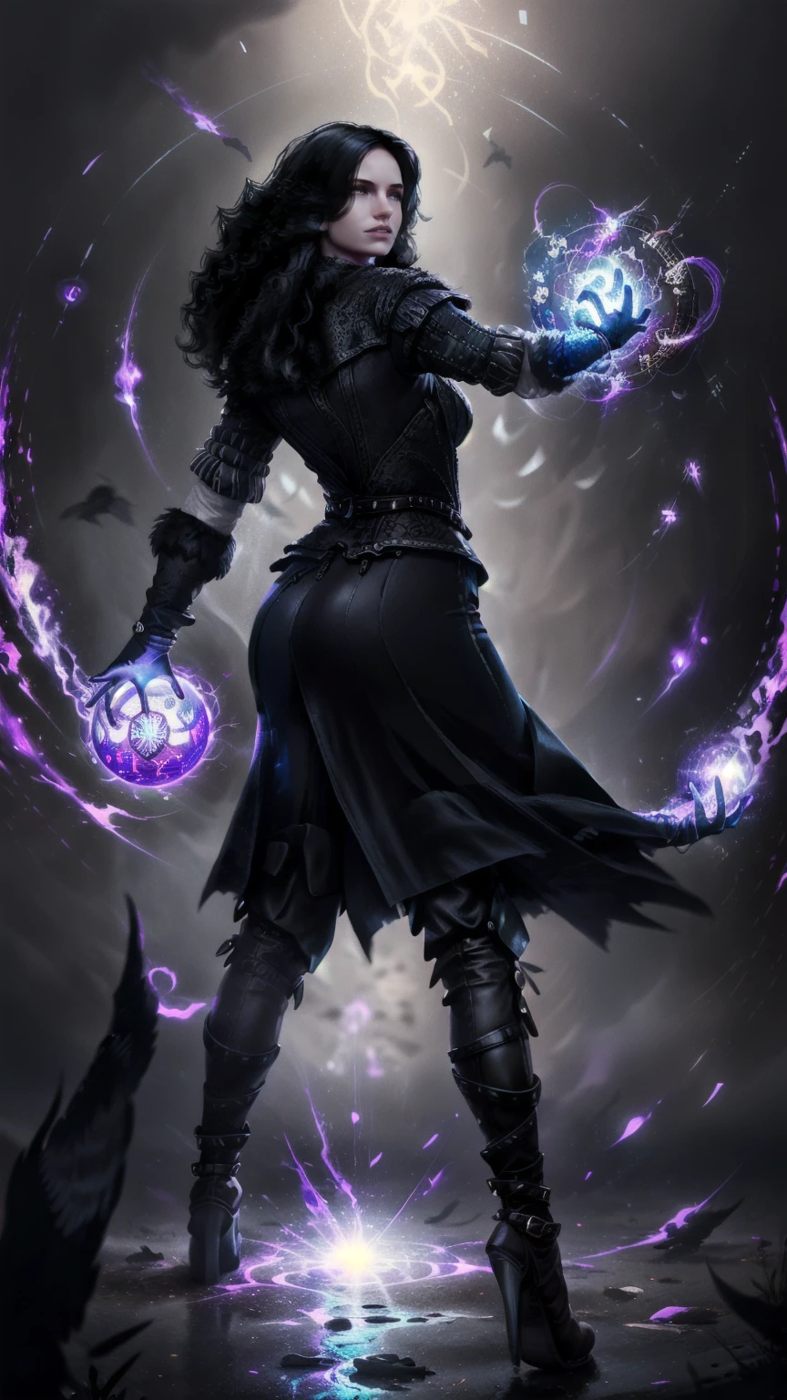 Create a digital illustration of a powerful sorceress inspired by Yennefer from The Witcher. She has striking violet eyes, long flowing raven-black hair, and is dressed in an elegant black and purple gown adorned with intricate magical symbols. Her expression is intense and confident, exuding both wisdom and mystery. The background is a flat, gradient blend of dark and light gray tones to emphasize her figure and magical aura. Her pose is dynamic, with one hand raised, conjuring a glowing magical orb surrounded by swirling energy. Walkink on the floor, black boots, backwards, looking back