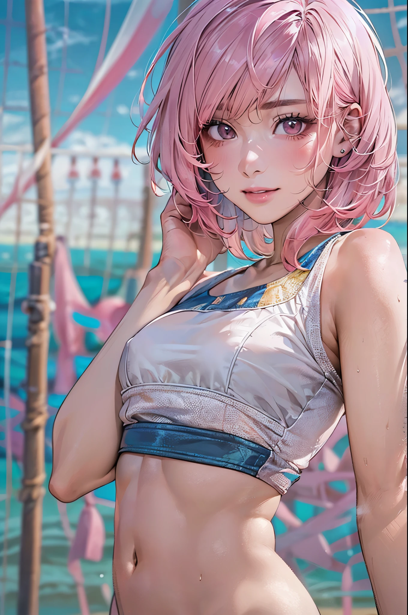 1 girl, solo, (nsfw), cute redhead 18-year-old girl in twin tails, ((perfect female body)) multiple (rainbow colored hair: 1.2), (beautiful detailed blue eyes: 1.6), (photo realistic eyes: 1.6), happy, Ukrainian, (petite body), ((small hips)), pale skin, wearing a ((sheer)) ((see through)) pastel blue (playboy bunny) outfit, frilly edges, frilly, shiny oily pantyhose, post apocalyptic background, bleak barren desert, photo realistic.
