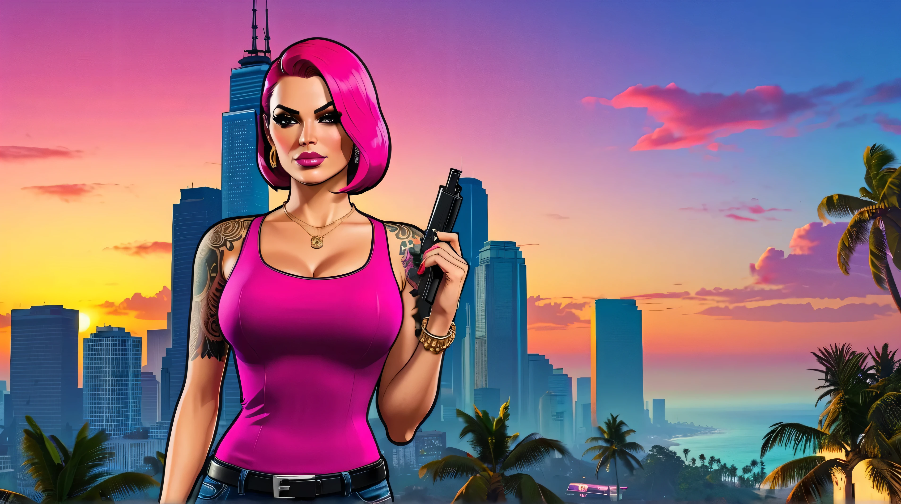Sophie Dee as GTA5 Character/wearing cosplay Dominatrix outfit / Huge Breasts/ hidden areola / milf , thin waist , heavy eyeshadow, numerous tattoos / GTAV Loading Screen 2D art, , cinematic composition, standing in front of a city, shaders, bright cinematic lighting, soft contrast, GTA5 loading screen, gta art, wallpaper 4 k, wallpaper 4k, hq 4k wallpaper, gta loading screen art, fan art, rockstar games art /