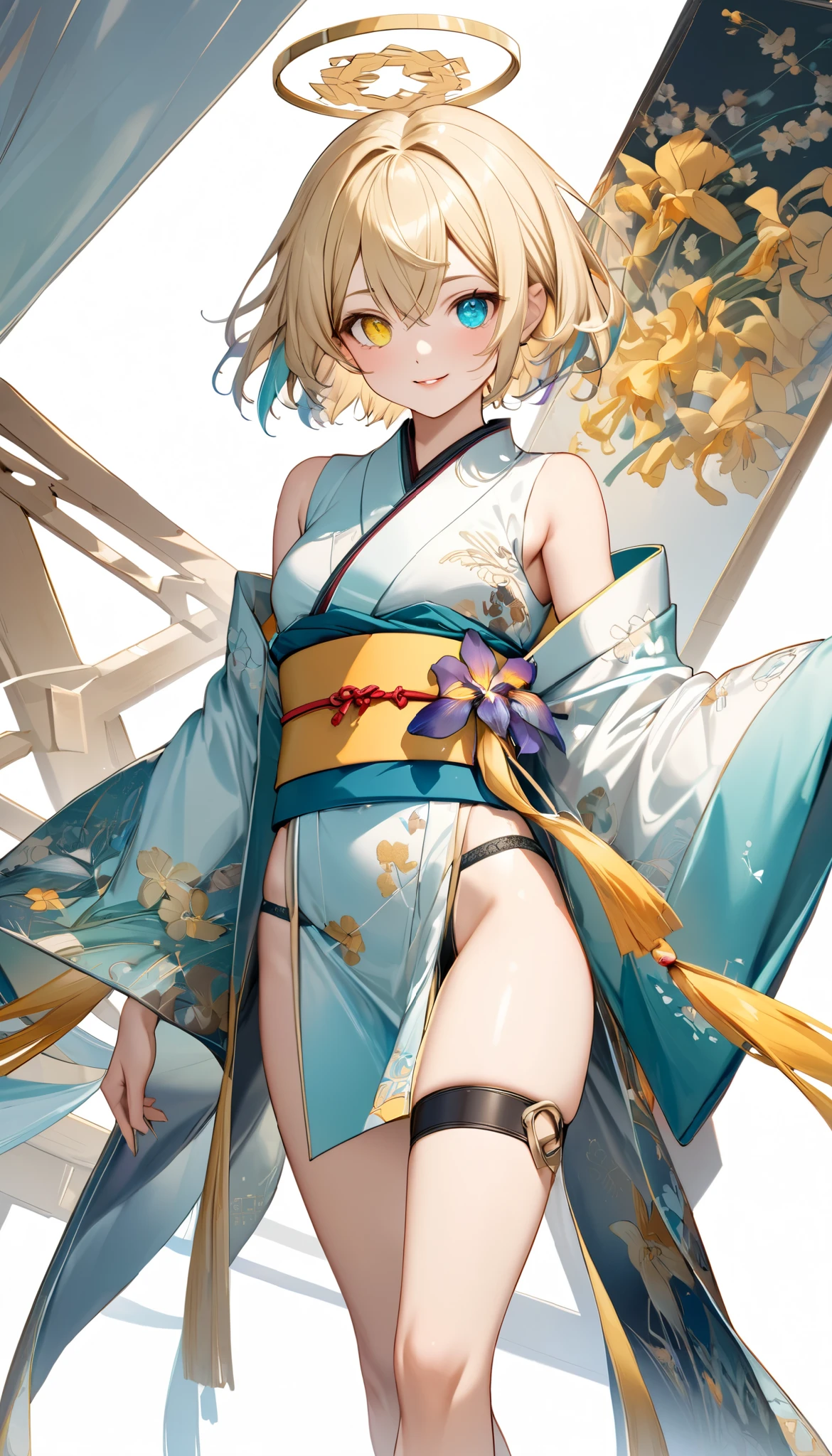 fresh illustration ,
Superfine painting,
very delicate illustration ,
Very fine details ,
1boy ,
(( standing))
Alone,
Height: 158cm,
Beige Skin,
Cheeks are ruddy,
((The iris on the left is medium aquamarine and the iris on the right is yellow ))
((Complete iris heterochromia )),
beautiful eyes,
large black pupils ,
short hair ,
Blonde,
the tips of the hair are whitish ,
The hair has gradation ,
shiny hair with makeup,
young but beautiful and bewitching face ,
The lips are extremely small,
is smiling,
a small halo that shines brightly on the head ,
the tips of the eyebrows are slightly lowered ,
the upper body is worn in kimono ,
six pack,
Slim waist,
thin legs ,
The lower body is long, transparent clothing in the style of a Chinese dress with slits at both hips,
The color of the obi is red ,,
the obi is tastefully embroidered with silver thread ,
fine fabric clothing ,
jockstrap underwear ,
the thigh strap cuts into the skin ,
Are the tips of long boots Japanese style,
Isometric,
golden ratio,
god々 like atmosphere,
wearing a padded collar innerwear ,
white background,
tactical use of shadows ,
the ring of the head and hair fit inside the frame ,
Clothes fit inside the frame ,
(( full shot))
facing the front,