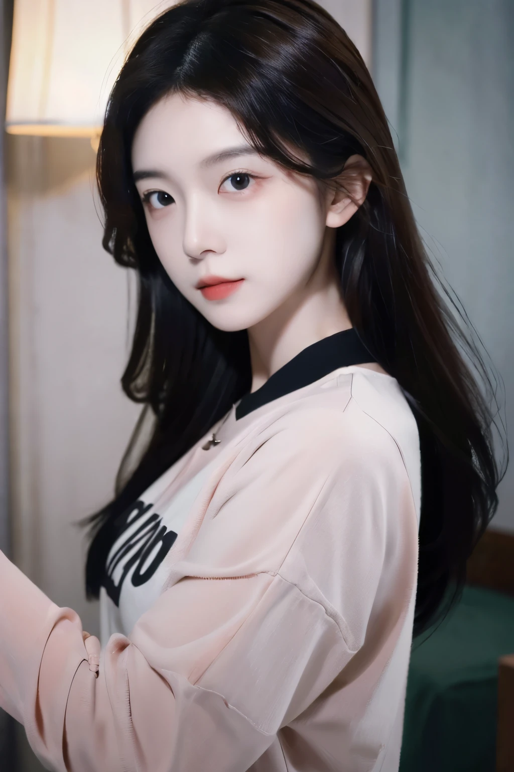 ((Masterpiece, high resolution, ultra detailed, 8k, raw photo)), 1 girl, graceful, soft skin, delicate face, perfect face, perfect eyes, brown hair, long hair, long sleeved t-shirt, pale skin, random pose, in the hotel