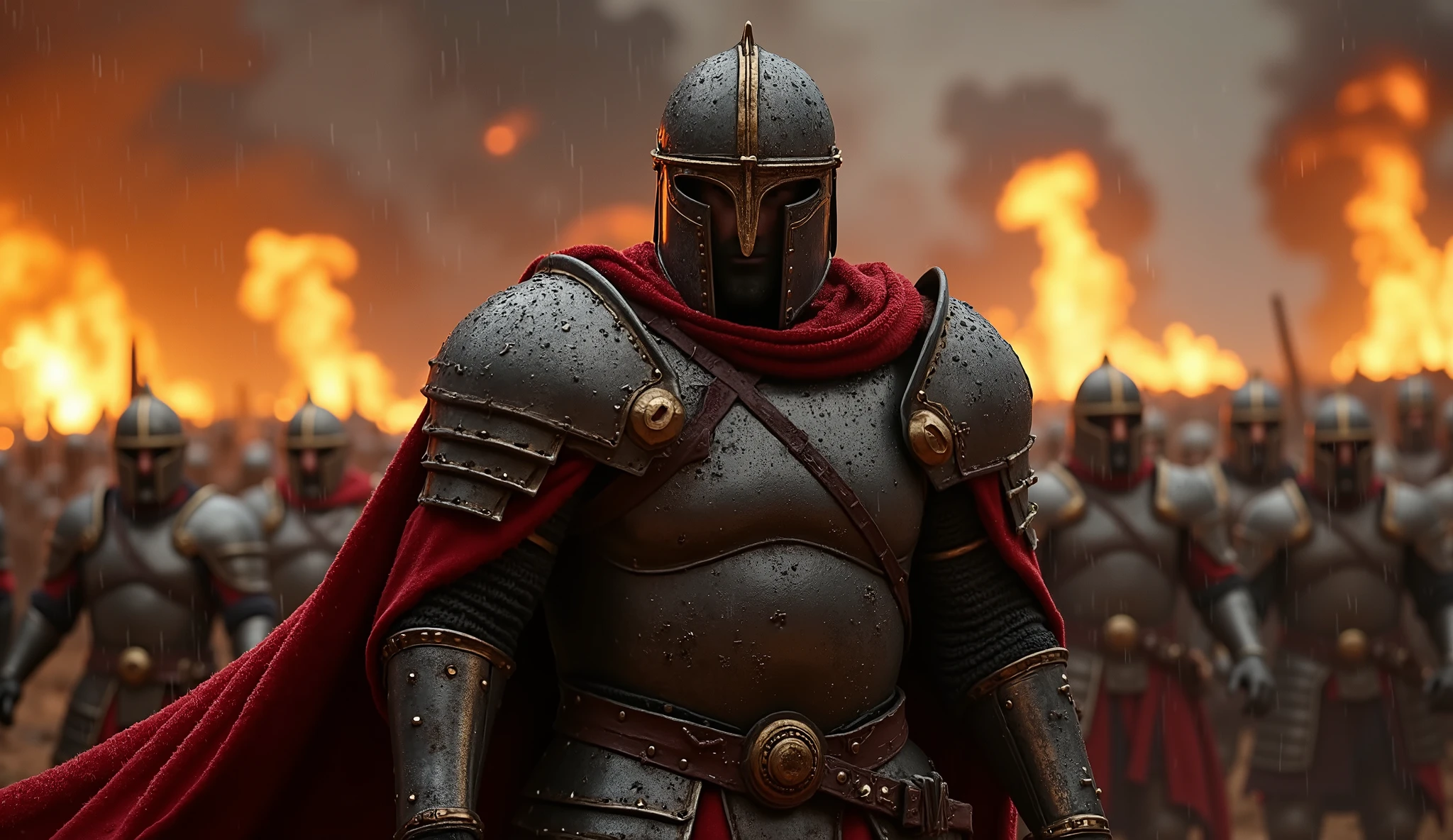 Animate an epic battle scene featuring an armored legion standing tall amidst fire and rain. Start with a slow zoom-in on the central figure, a commanding warrior with a weathered helmet and red cloak, showing subtle movements of rain trickling down his armor. The fire burning in the background should flicker intensely, casting an orange glow that contrasts with the dark, stormy sky. The legion behind him remains motionless but powerful, with the rain adding tension to the scene. Small flashes of embers should rise from the fire as the camera subtly pans, giving a sense of brewing conflict and anticipation. The atmosphere should feel heavy with intensity and strength.