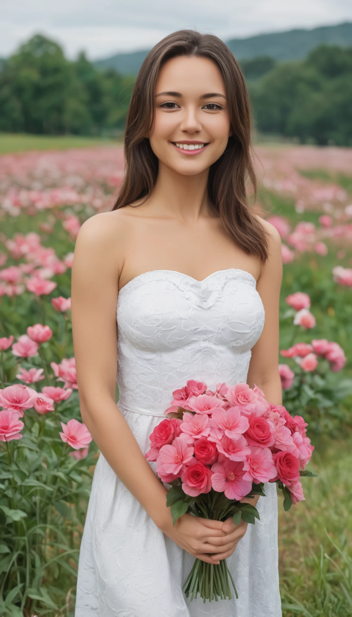 ( top quality , master part , super high resolution:1.2), is present , photo- is present (1.4), portrait, white dress, shoulder out, Field with pink flowers, growing skin, Gentle Smile