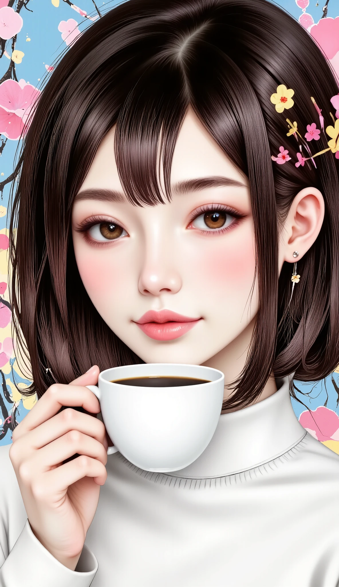 There is a girl holding a cup of coffee in her hand, pretty girl-fine face, beautiful natural anime face, with a cute face - fine -, sakimi-chan, chiho, Yoshitomo Nara, young cute face, beautiful Japanese girls young face ,  brown hair and big eyes , linda girl cute, big and beautiful eyes of light 