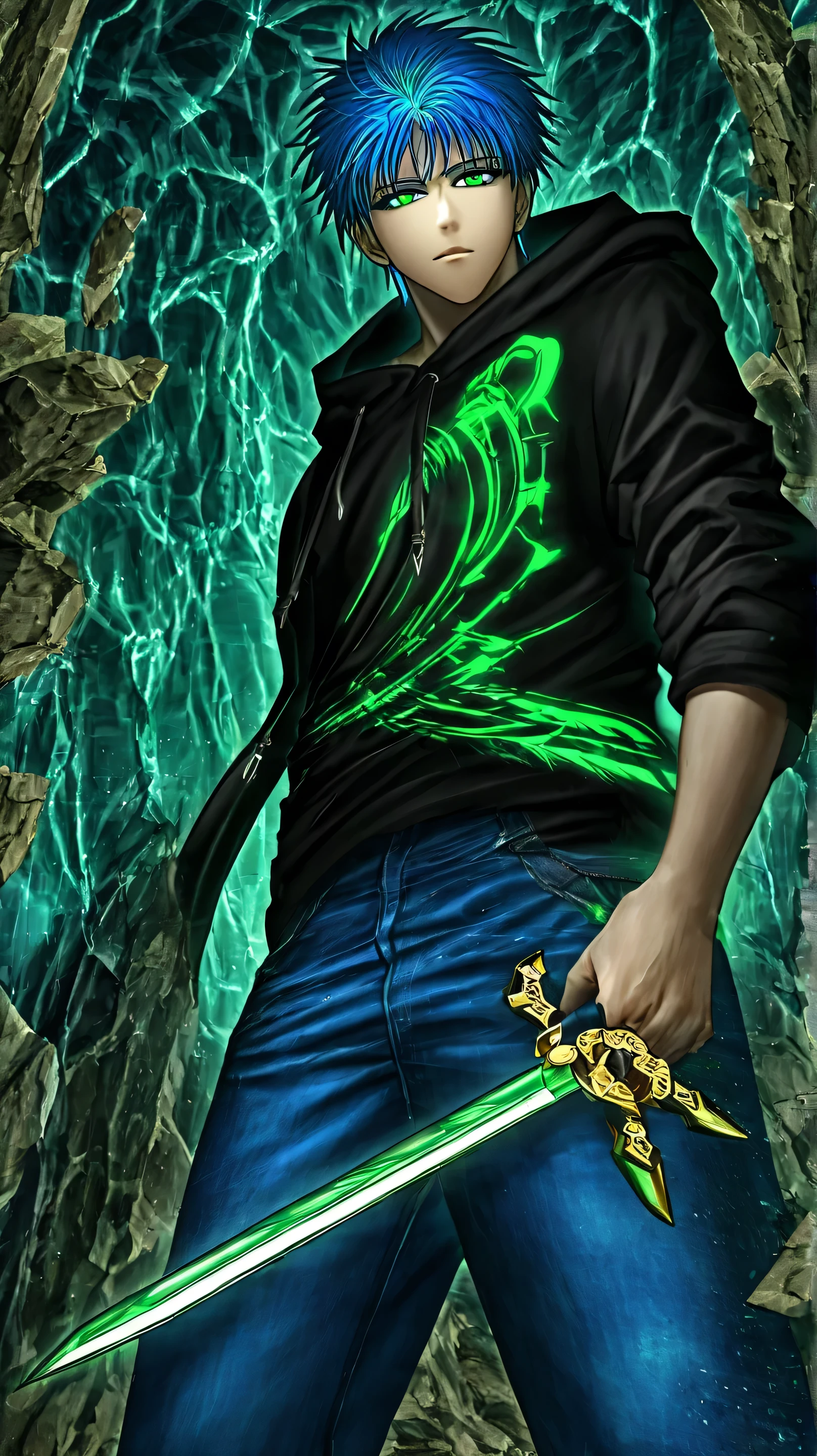 Make the cover of my manga called The Inheritance of Destiny on the cover it has the protagonist who is a dungeon hunter from the Amatrix Clan and he has a dagger as a weapon, his appearance is a thin young man with blue hair and green tips and He has sparkling green eyes and wears a black hoodie with blue jeans.