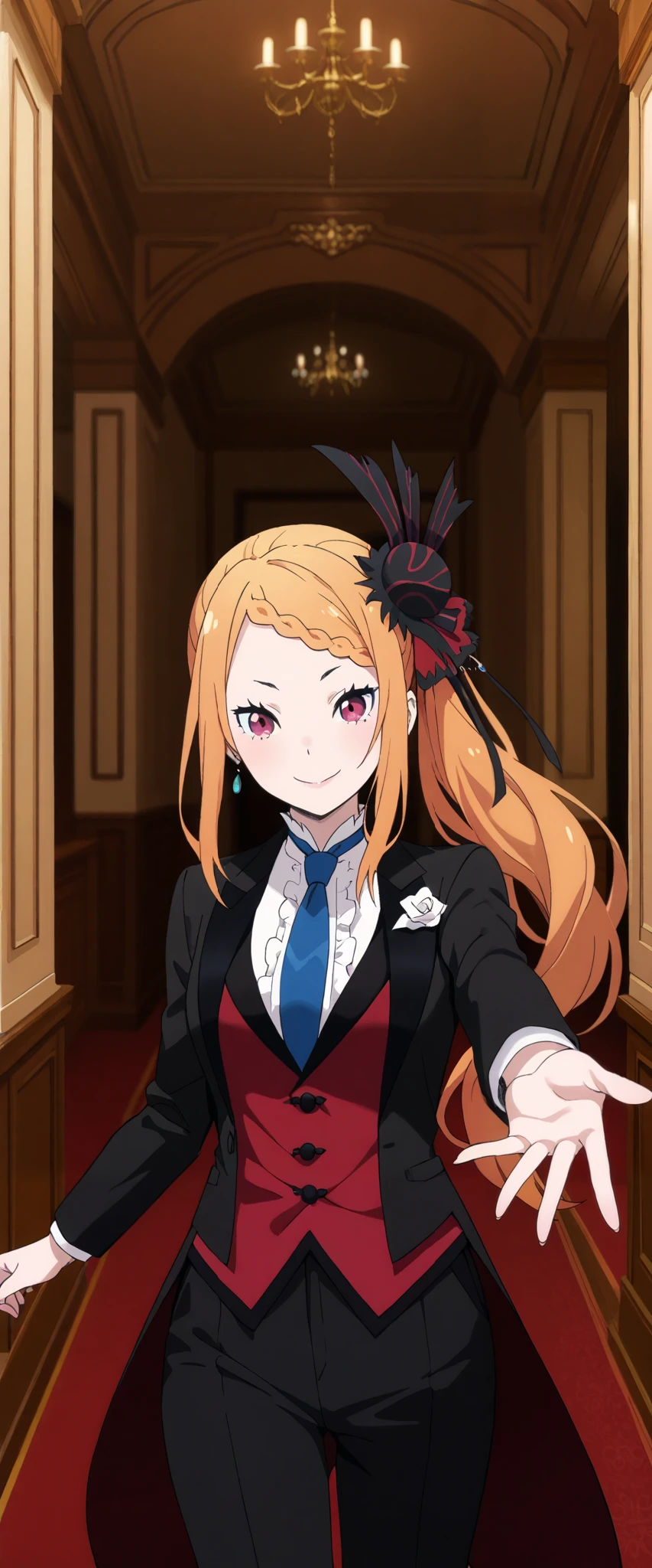 1girl, solo, Priscilla Barielle, suit tuxedo , orange hair, long hair, bangs, in front, indoors, standing,happy,smile,looking at viewer, cowboy shot, blue tie woman in formal attractive suit tuxedo tailcoat standing in a large alcove in the room, , reaching towards viewer ,