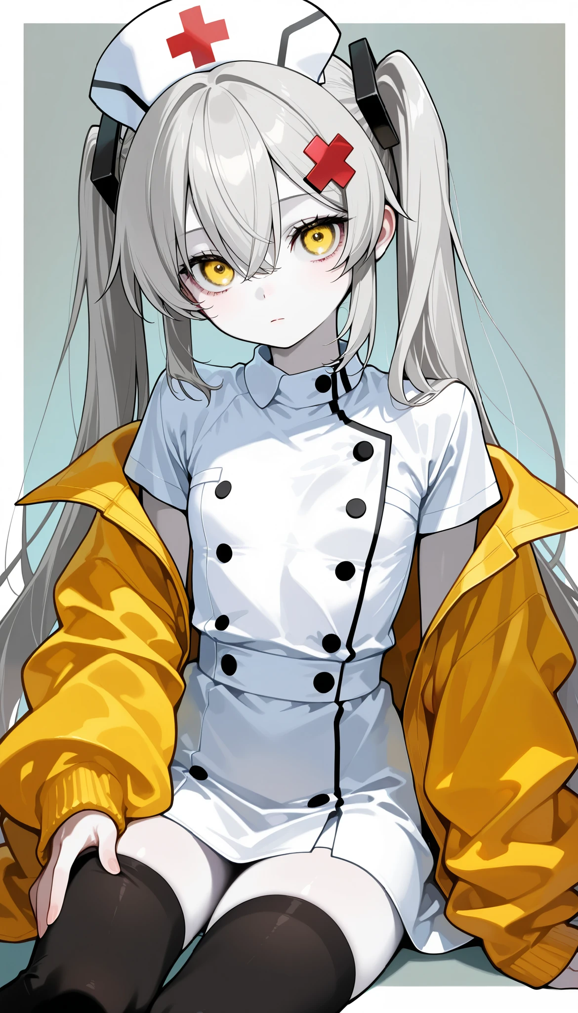 beautician 、 nurse uniform、 Please redeem 、masterpiece、 one girl、2、 white skin、 expressionless 、 raise the corner of the mouth、Gray Hair。 twin tails、 hair clip 、大きな hair clip 、Cute hair clip s、 pale yellow eyes like Halloween 、 flat chest、 small breasts、 small breasts、Dead Eyes、 Dead Man 's eyes、