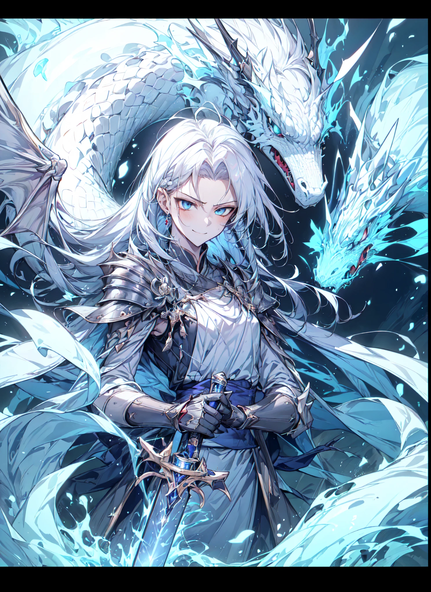 fcPortrait, masterpiece, photorealistic, best quality, (dynamic pose, dynamic, detailed anime, video game art, extremely detailed CG unity 8k wallpaper), (best quality), (best illustration), (best shadow), absurdres, realistic lighting, (Abyss), (very long hair, upper body shot:1.69), korean art, manwha, (messy hair, solo, 1girl:1.33), white hair, blue eyes, moon, blue fog, mist, servant to the queen, royal guard, dress, unarmoured, ethereal lighting, broken glass, (korean manwha, manwha, mature, adult:1.35), expressive, (dragonblade, dragon sword, draconic wings:1.04), white wings, ice blade, thin blade, rapier, tsurime, braids, (YuGiOh, Blue Eyes White Dragon, YGO:0.97), (wielding a sword, squint, focus, cockiness, smirk, rage, anger, ghost:1.2), warrioress, angelic knight