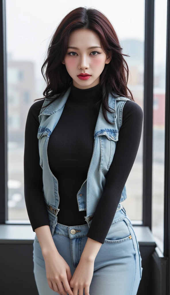(best quality, highres, ultra-detailed), realistic, HDR, professional, vivid colors, bokeh, 21years,Japanese woman, short black hair, slanted eyes, lowered eyebrows, thin chin, slightly muscular body, Bust 88cm, E cup, waist 62cm, hips 89cm,Body fat percentage 22%, from above,Denim shorts, long sleeve dark green knit top, knee-high boots,white long coat,alley,midnight sky