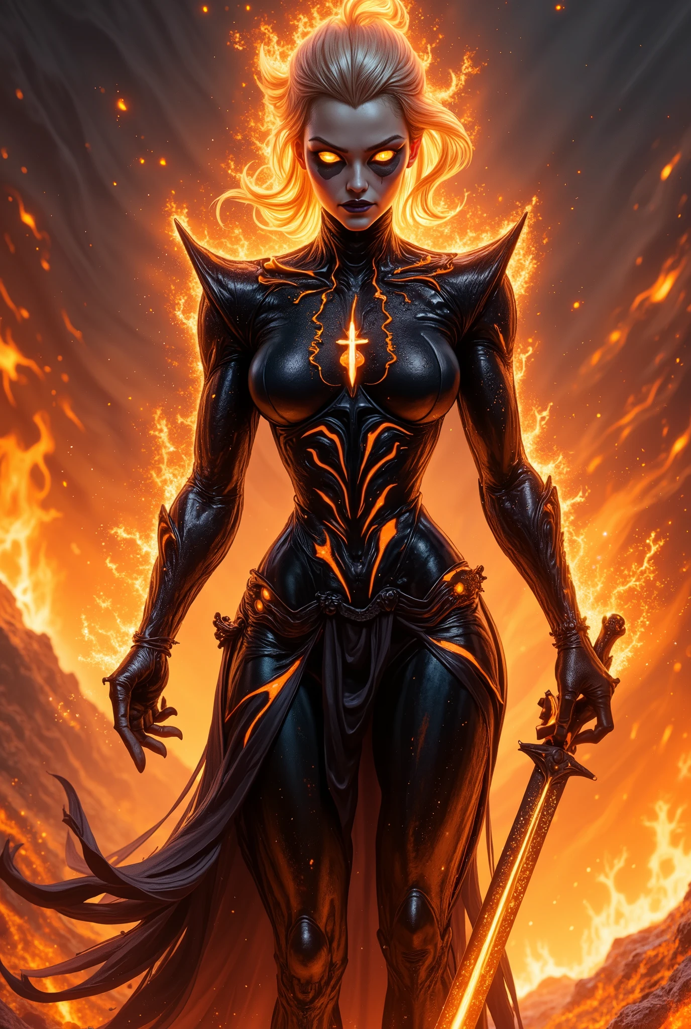 a woman with a skull head and a sword in her hand, woman made of black flames, flames surround her, great digital art with details, amazing digital art, beautiful digital art, gorgeous digital art, beautiful digital artwork, stunning digital art, stunning artwork, her body made of flames, lava and fire goddess, dark but detailed digital art, amazing contrasting background