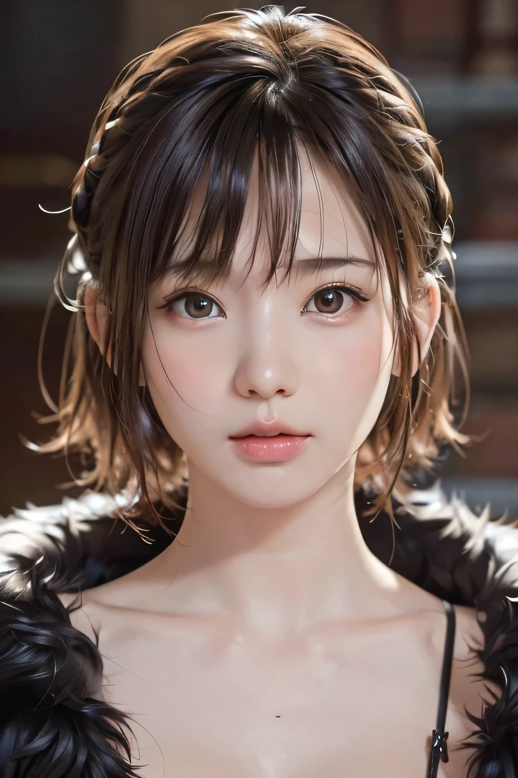 (masterpiece、 best quality、 super detailed description 、 super high resolution)、(face shot close-up)、( girl 、solo、 is cute 、 idol face、)、(small chest:1.2)、( tea hair、updo):1.25、( realistic skin:1.2)、( fur coat 、 front close:1.3)、(brick texture、 background blur:1.25)、( silhouette:1.3)