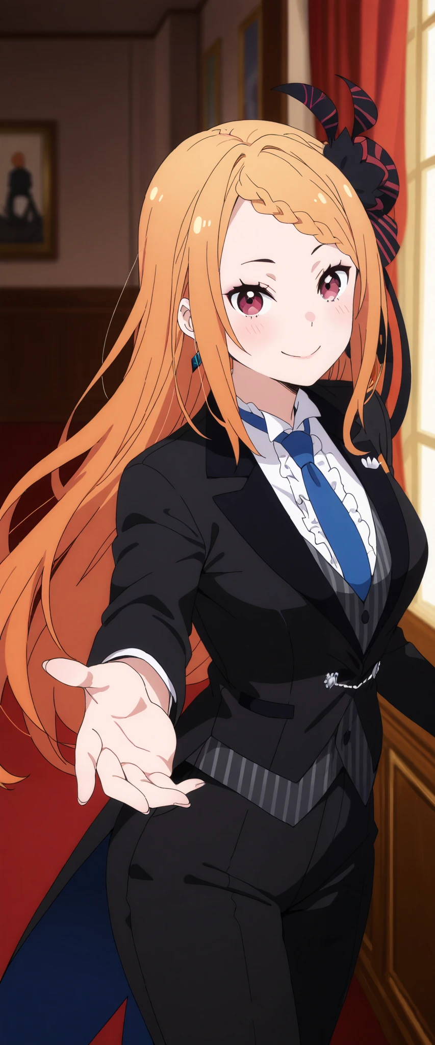 1girl, solo, Priscilla Barielle, suit tuxedo , orange hair, long hair, bangs, in front, indoors, standing,happy,smile,looking at viewer, cowboy shot, blue tie woman in formal attractive suit tuxedo tailcoat standing in a large alcove in the room, , reaching towards viewer , 
