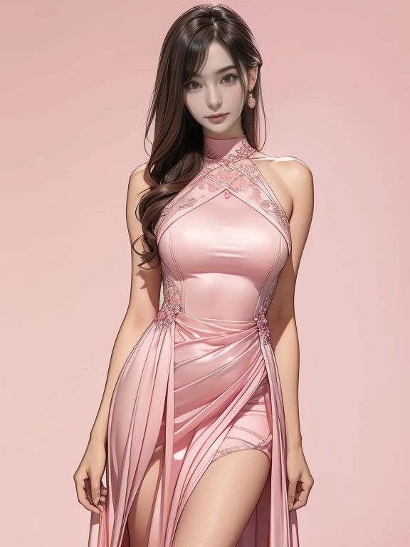 (Anna_girl, Highest quality, Highest quality, Official Art, beautiful:1.2), (1 girl:1.3), shy smile, Very detailed, ((Background is white wallpaper:1.3)), Most detailed, Ultra-realistic photos, Very detailed, Natural neck length, belly button, Small Ass, Thick and tight, ((dark brown hair, wavy semi-long hair)), (slime skin), ((see-through naked:1.25)), ((floral light-pink see-through PVC frilled mini dress:1.3), show Cleavage, shiny skin, Glowing Skin, Above the knees photo