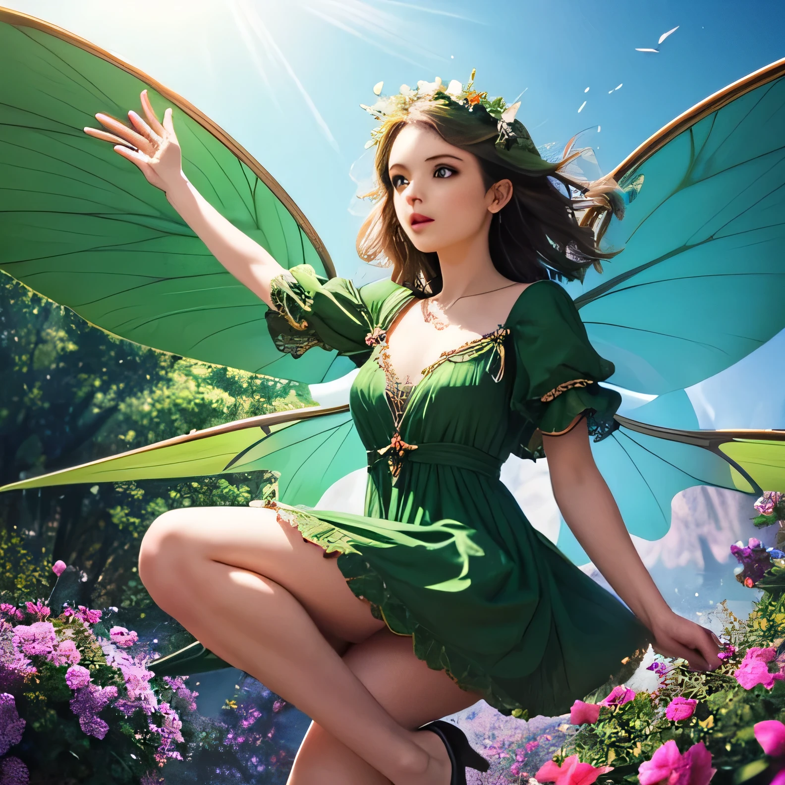 Woman, fairy beautiful wings, in a natural space, dress off natural, green tones, magical, flying, perfect woman