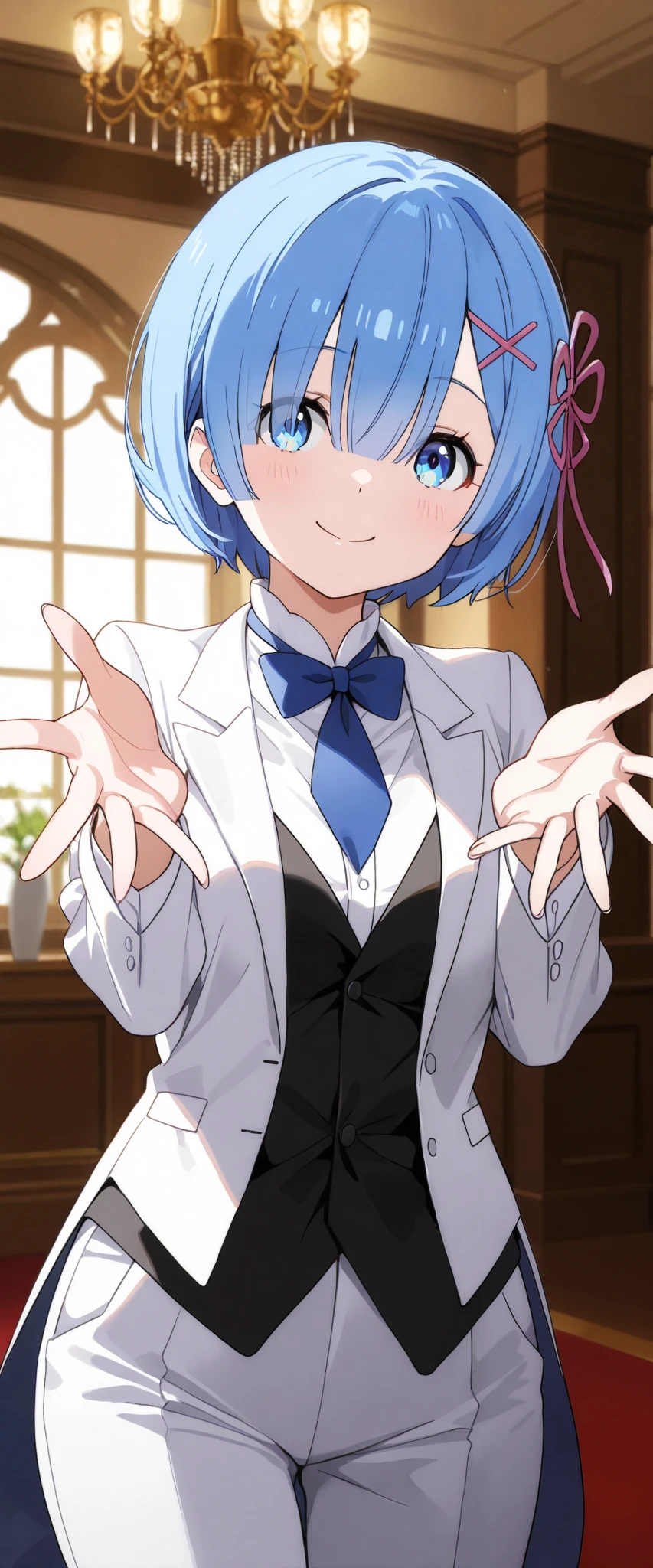 1girl, solo, rem, suit tuxedo , blue hair, short hair, bangs, in front, indoors, standing,happy,smile,looking at viewer, cowboy shot, blue tie woman in formal attractive suit tuxedo tailcoat standing in a large alcove in the room, , reaching towards viewer ,