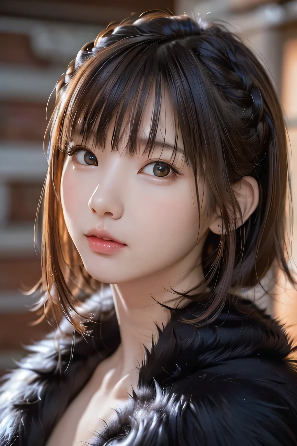 (masterpiece、 best quality、 super detailed description 、 super high resolution)、(face shot close-up)、( girl 、solo、 is cute 、 idol face、)、(small chest:1.2)、( tea hair、updo):1.25、( realistic skin:1.2)、( fur coat 、 front close:1.3)、(brick texture、 background blur:1.25)、( silhouette:1.3)、(Climax face:1.4)