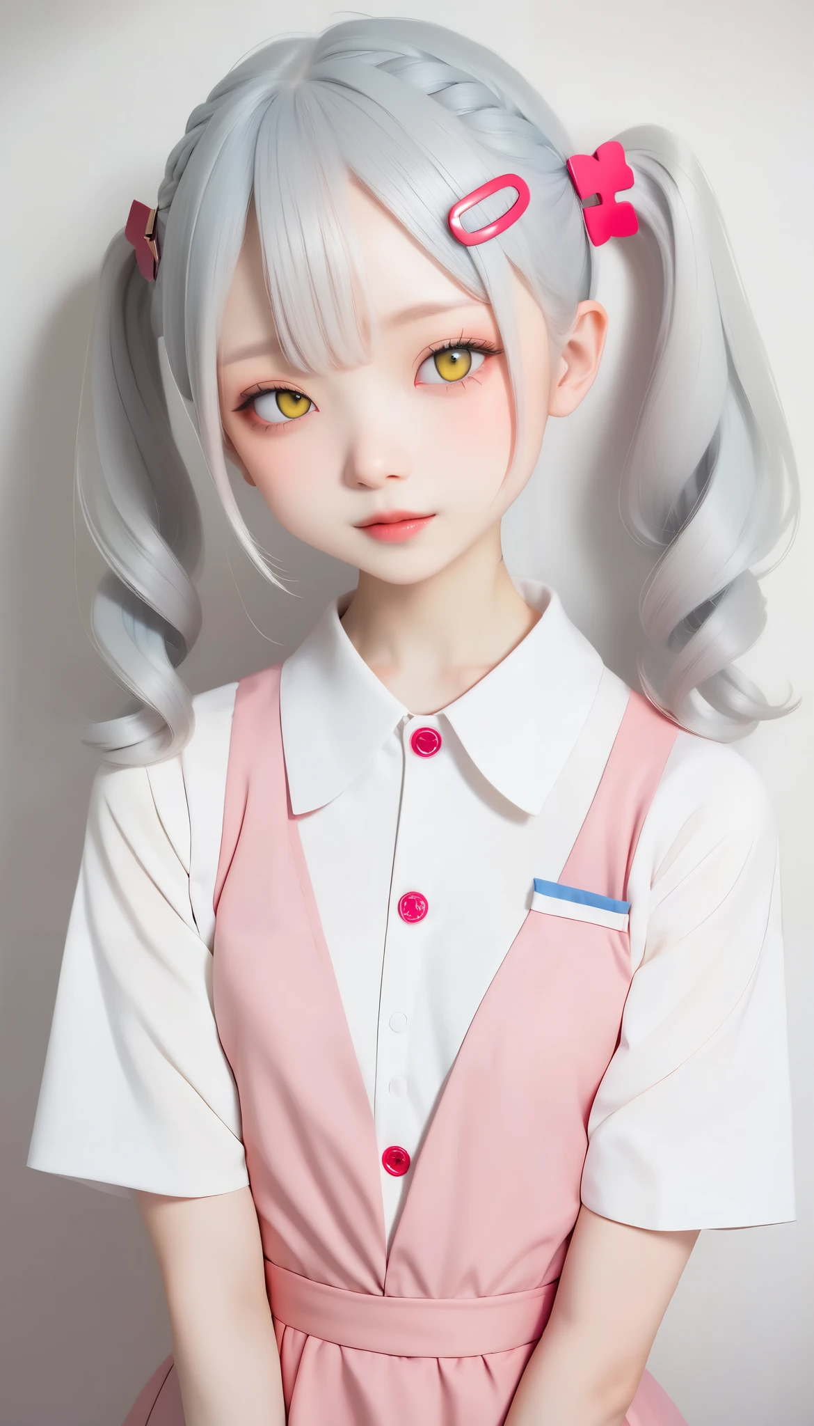 beautician 、 nurse uniform、 Please redeem 、masterpiece、 one girl、2、 white skin、 expressionless 、 raise the corner of the mouth、Gray Hair。 twin tails、 hair clip 、大きな hair clip 、Cute hair clip s、 pale yellow eyes like Halloween 、 flat chest、 small breasts、 small breasts、Dead Eyes、