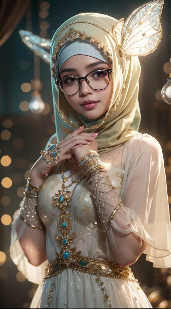 Glasses, bottomless, Flashy, grandeur, glamor, cleavage, hijabi, Absurd, ultra-detailed, high quality, masterpiece, detailed face, beautiful eyes(detailed eyes), javanese, gentle and graceful, face exudes warmth and kindness, eyes described as soft and comforting, gentle and steady gaze, overall appearance is simple and modest, The fabric of her garments is usually depicted as soft and earth-toned, beauty lies not in extravagant adornments, Her smile is serene and welcoming