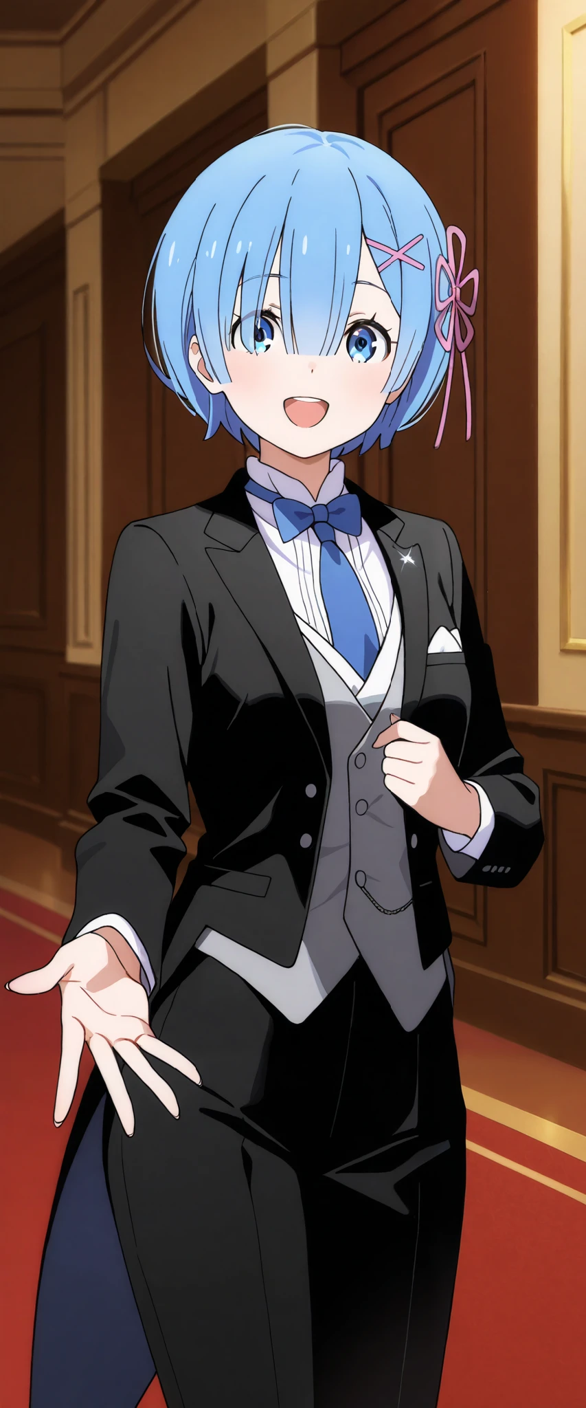 1girl, solo, rem, suit tuxedo , blue hair, short hair, bangs, in front, indoors, standing,happy,smile,looking at viewer, cowboy shot, blue tie woman in formal attractive suit tuxedo tailcoat standing in a large alcove in the room, , reaching towards viewer ,