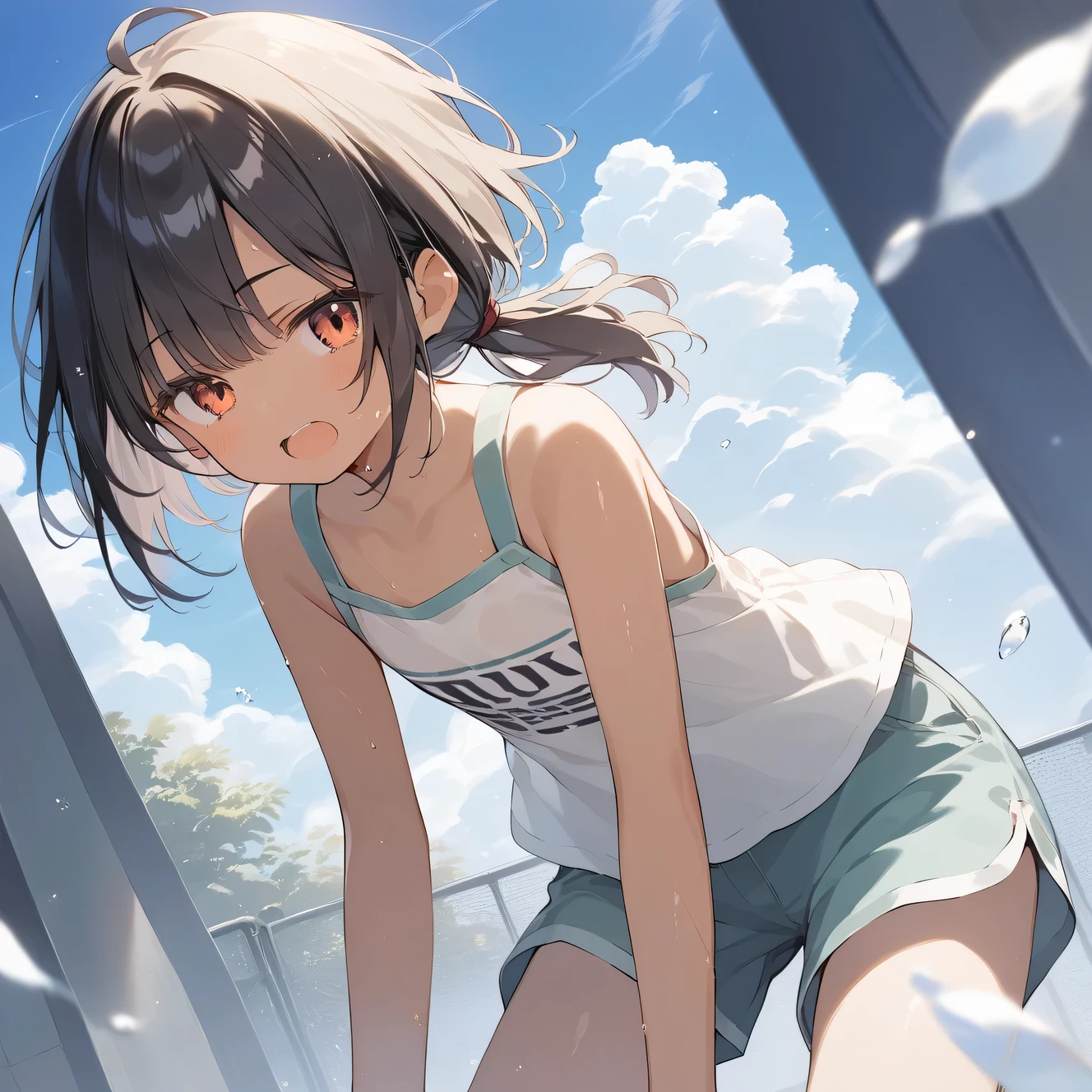 score_9, score_8_up, score_7_up, source_anime, best quality, masterpiece, official art, absurdres, highres, ultra-detailed,waifu2x,Collection: Slice of Life,break,1girl, tomboy, dark-skinned female, short hair, low ponytail, flat chest, beautiful detailed eyes, shorts, sweat, open mouth, (yawn:0.3), sleepily, outdoors, wind,break,(clear line illustration:1.2), super detailed skin,very high resolution, very aesthetic, Best sexual lighting powered by famous artist, 8k,cute picture,beauty illustration,photoshop_(medium),,(Detailed Lighting),best anime 8k konachan wallpaper, pixiv contest winner,