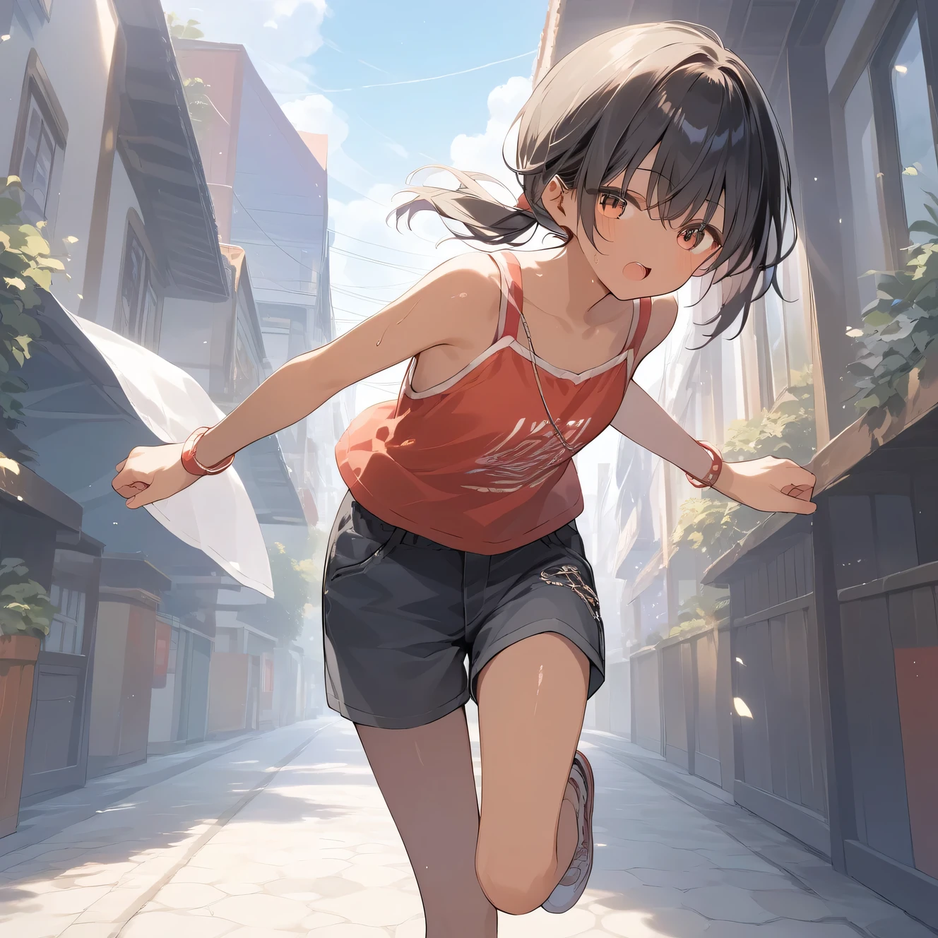 score_9, score_8_up, score_7_up, source_anime, best quality, masterpiece, official art, absurdres, highres, ultra-detailed,waifu2x,Collection: Slice of Life,break,1girl, tomboy, dark-skinned female, short hair, low ponytail, flat chest, beautiful detailed eyes, shorts, sweat, open mouth, (yawn:0.3), sleepily, outdoors, wind,break,(clear line illustration:1.2), super detailed skin,very high resolution, very aesthetic, Best sexual lighting powered by famous artist, 8k,cute picture,beauty illustration,photoshop_(medium),,(Detailed Lighting),best anime 8k konachan wallpaper, pixiv contest winner, 