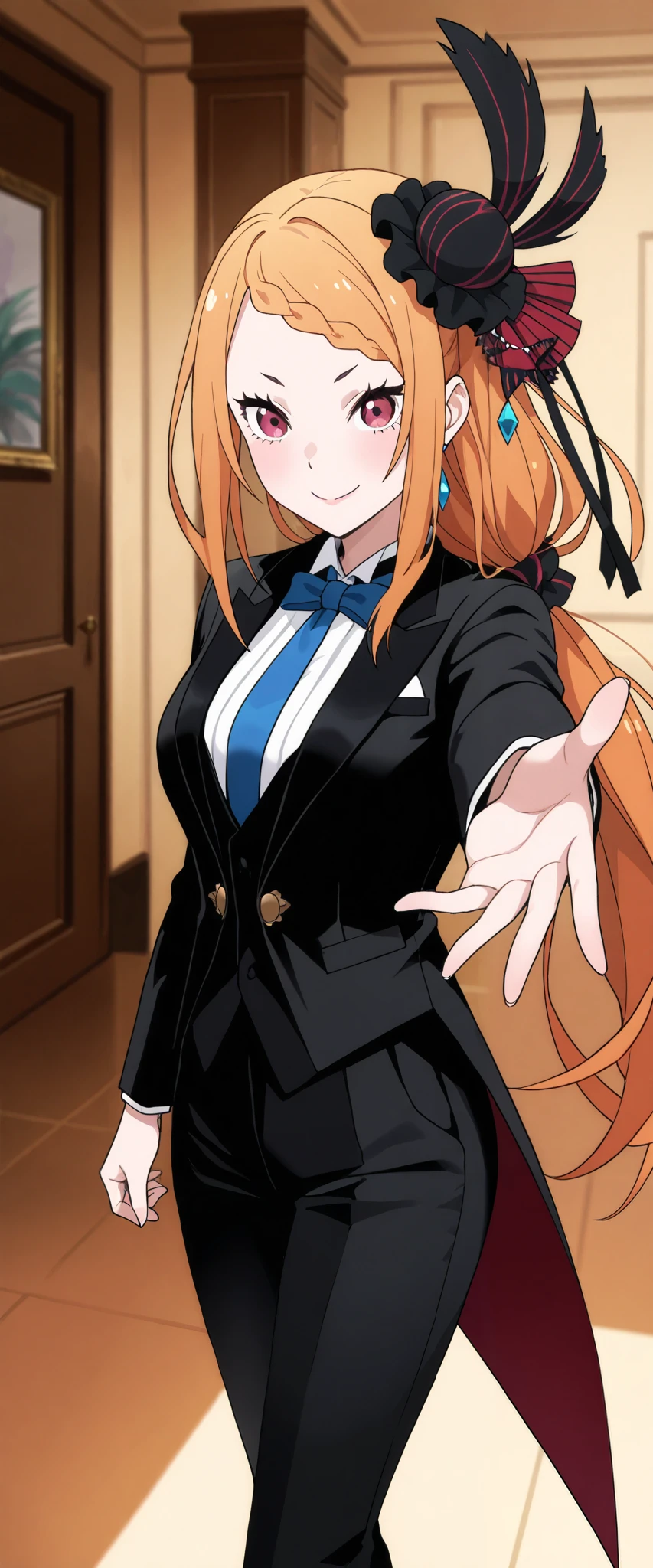 1girl, solo, Priscilla Barielle, suit tuxedo , orange hair, long hair, bangs, in front, indoors, standing,happy,smile,looking at viewer, cowboy shot, blue tie woman in formal attractive suit tuxedo tailcoat standing in a large alcove in the room, , reaching towards viewer , ,,,clove,,,