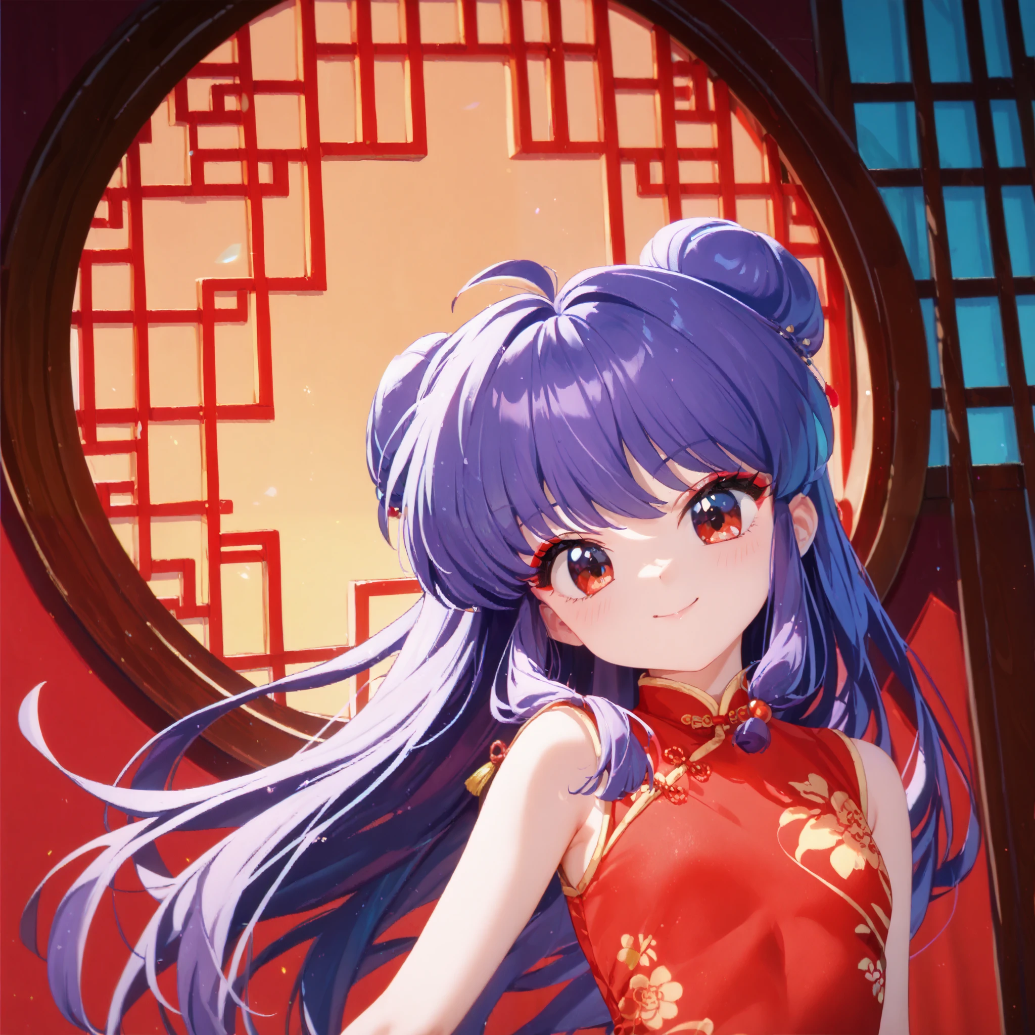 masterpiece, top quality , perfect face, Highest Resolution, 8k, 1 Girl, young, shampoo (Ranma 1/2), young, red eyes, long hair, purple hair, Detailed depiction of bun knot hair , Red eyeshadow, china dress, I love you, A face in love, affectionate face, enchanted smile